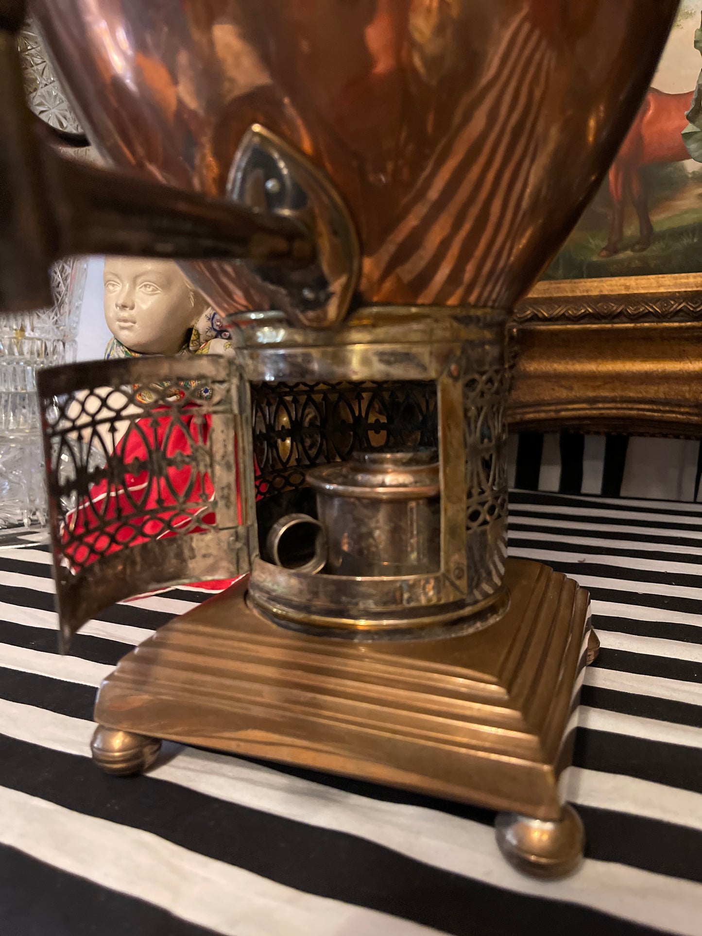 Adam Style Neoclassical Copper & Brass
Samovar with Lion Head Rings and Stepped Base