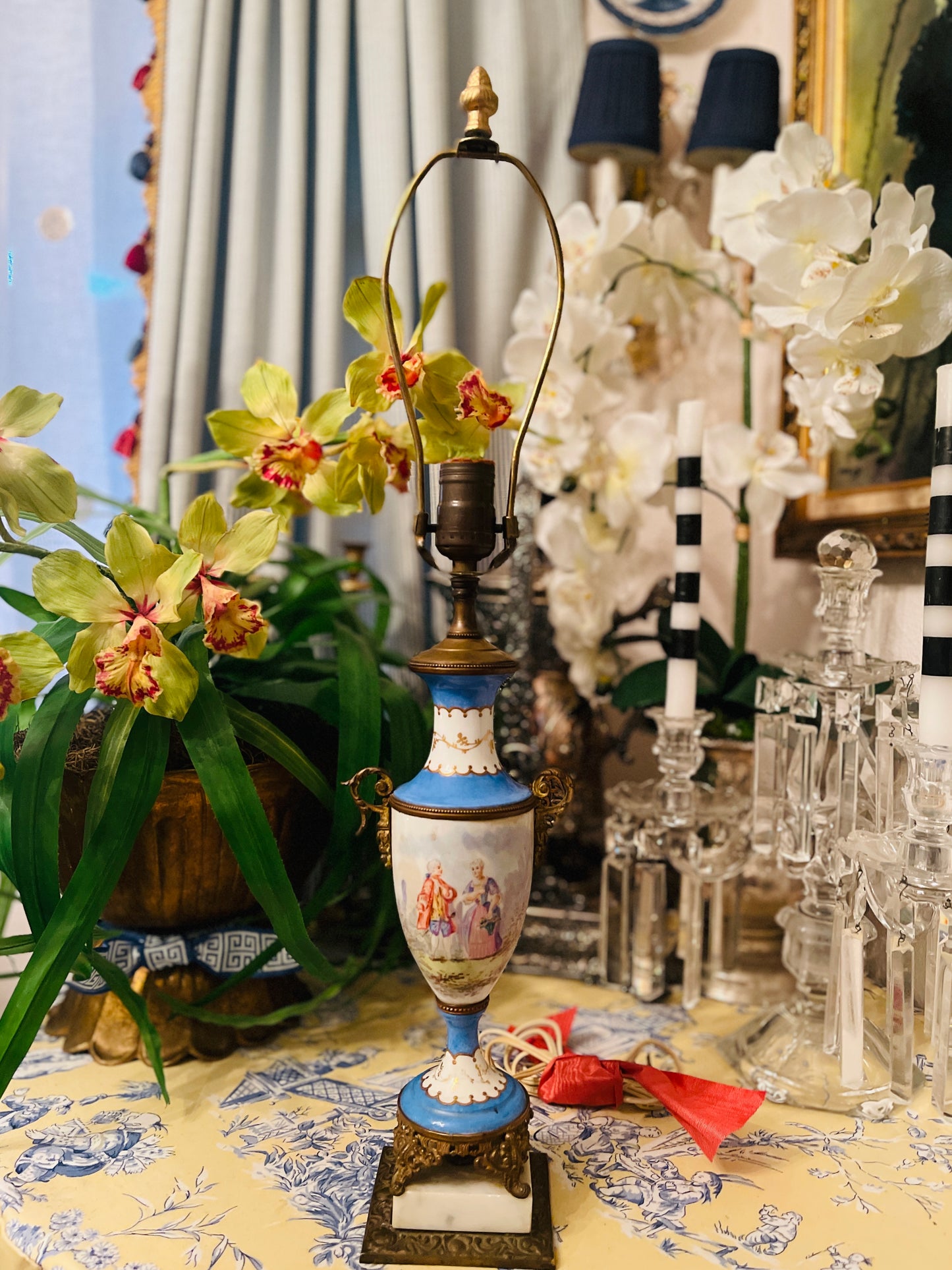 French Sevres Style Hand Painted Porcelain Urn Lamp