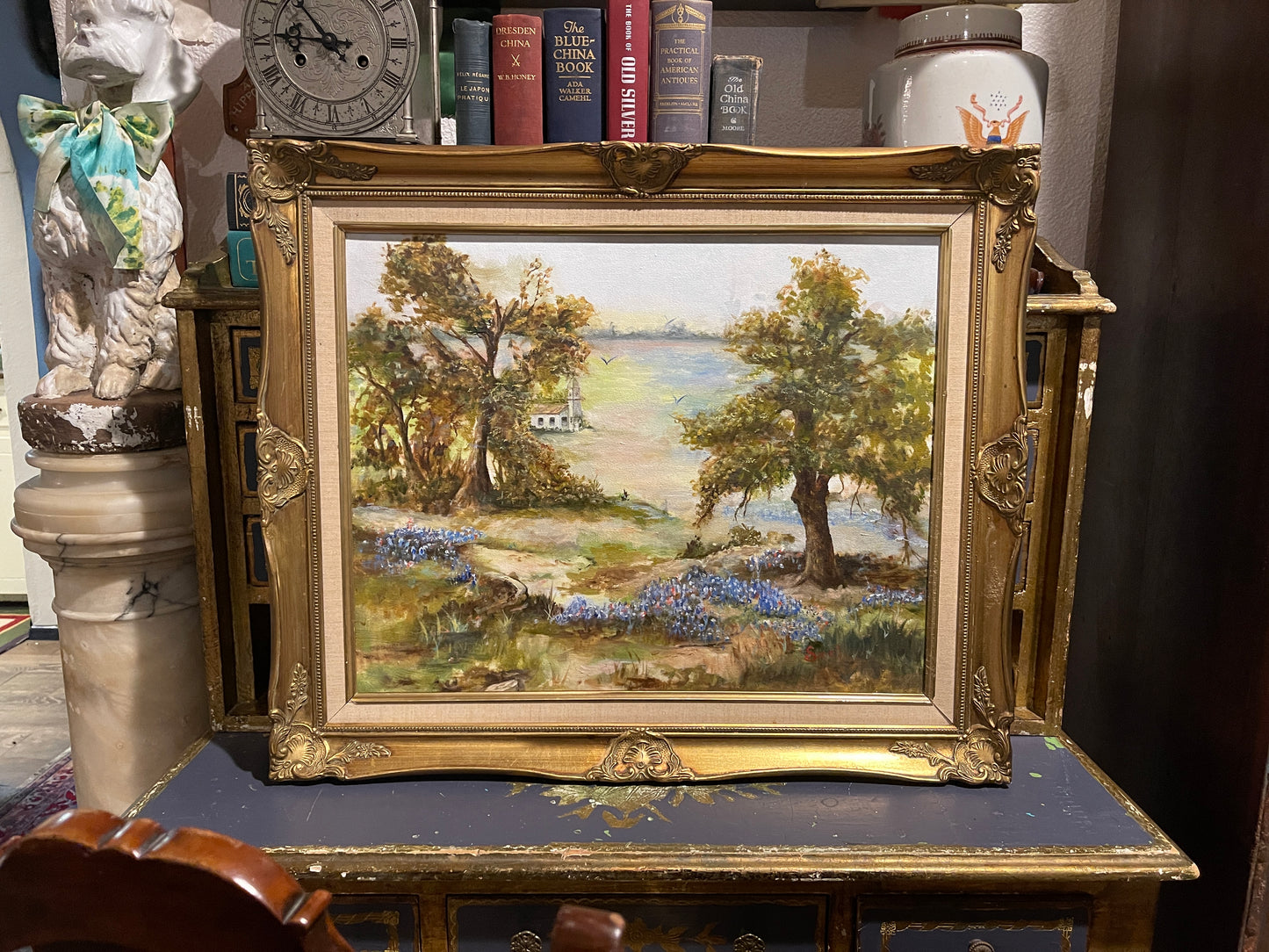 White Country Church in a field of Bluebonnets, Vintage Painting, Gold Frame
