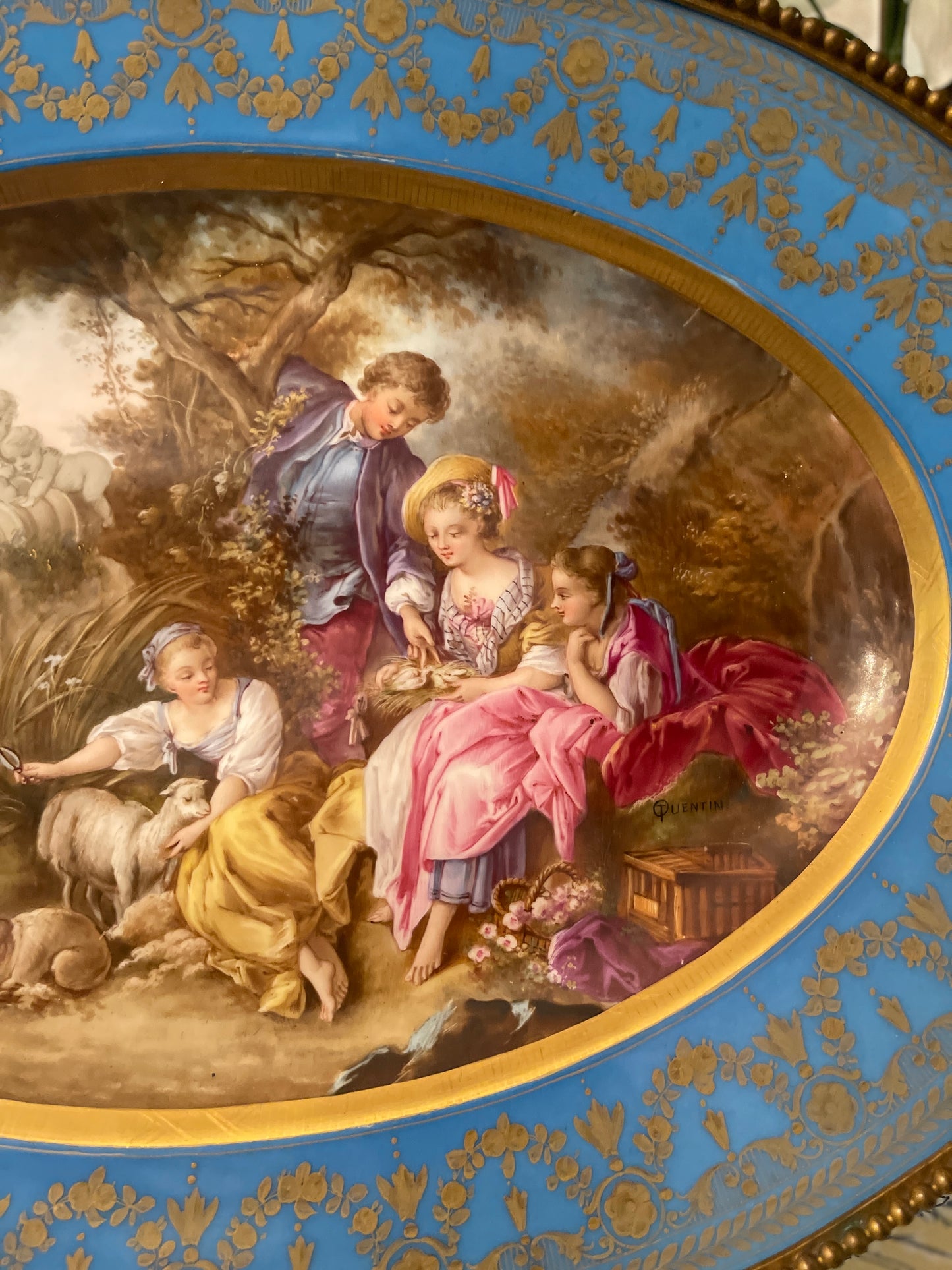 XLARGE French Porcelain Sevres Style Tray with Gilded Tole Trim, Pastoral Courting Scene in the style of Boucher