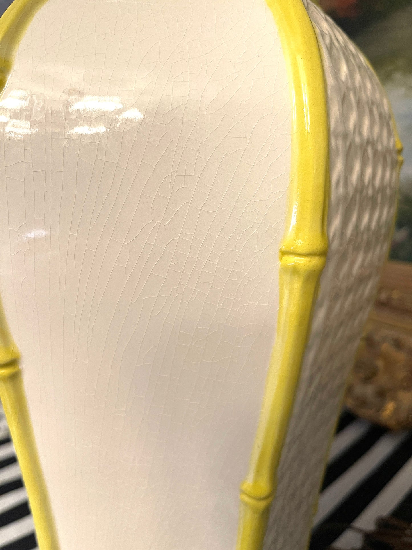 Vintage Frederick Copper Palm Beach Chic Chinoiserie Pagoda Bamboo Style Lamps, Yellow and White, Pair
