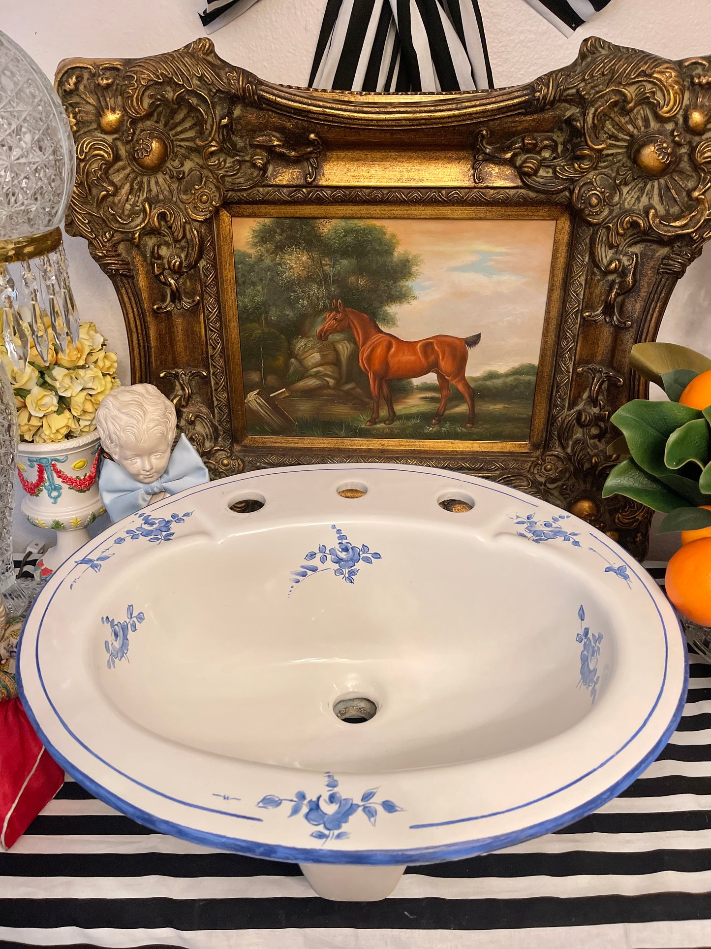 Blue and White Vintage Porcelain Vanity Sink, Hand Painted, Architectural Salvage