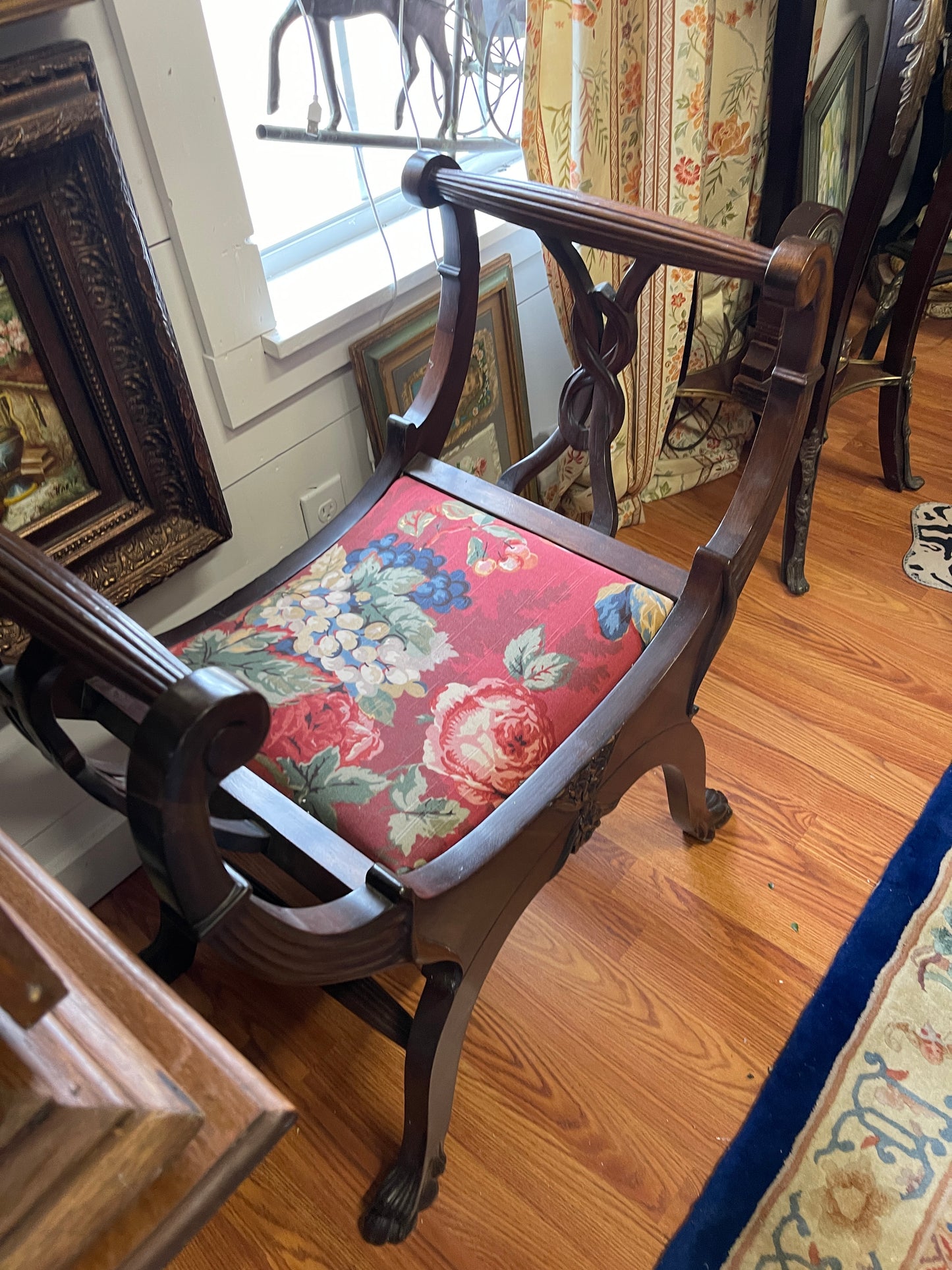 Vintage Regency Revival Mahogany Dressing Bench with Floral Chintz Upholstery-