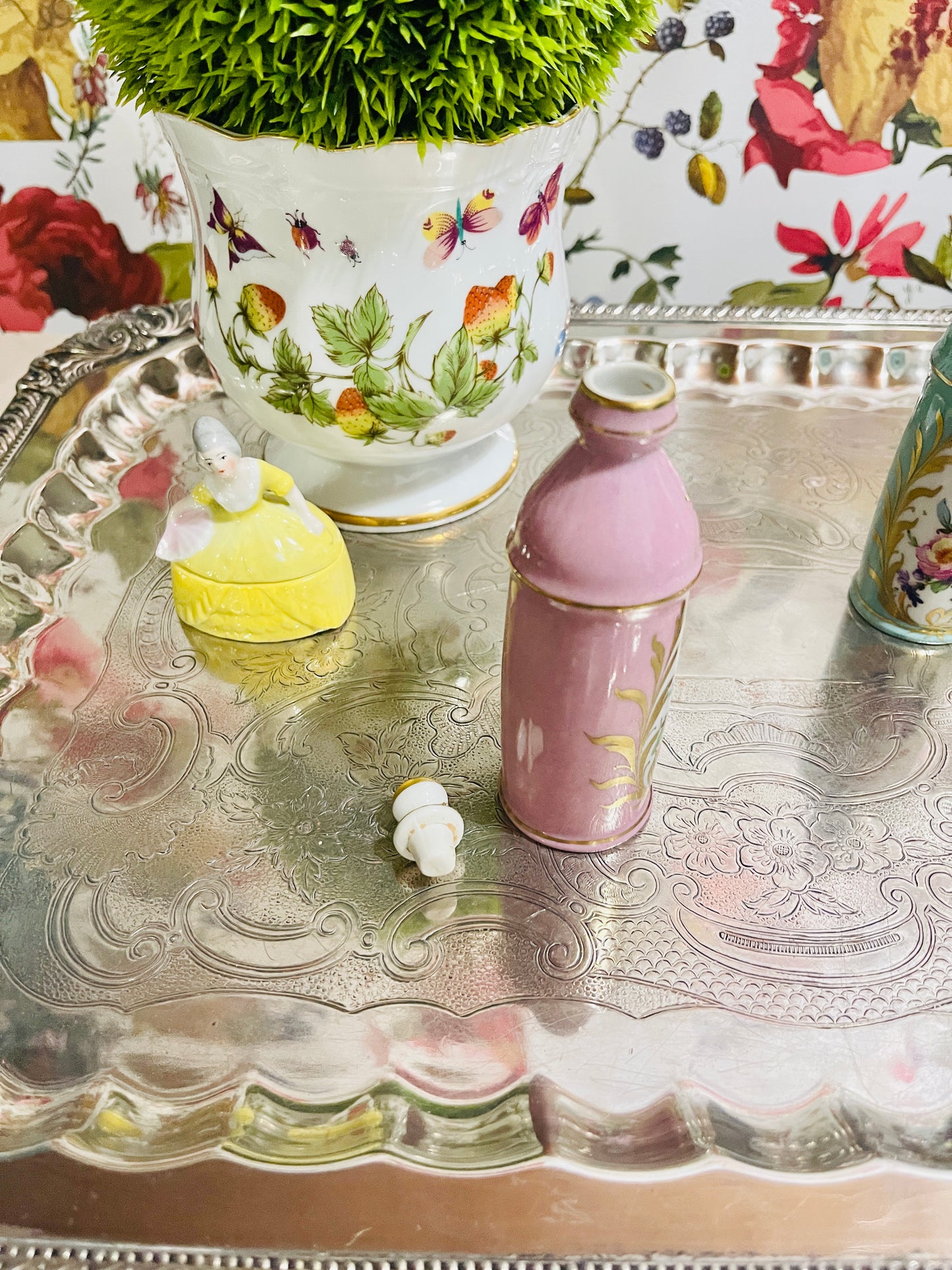 French Orlik Pink Perfume Bottle with Hand Painted Flowers and Gilt Detail