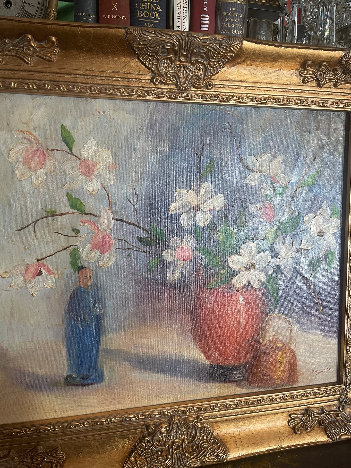 Vintage Chinoiserie Painting with Vased Flowers and Chinese Statuette, Ornate Gold Frame, Estate Art