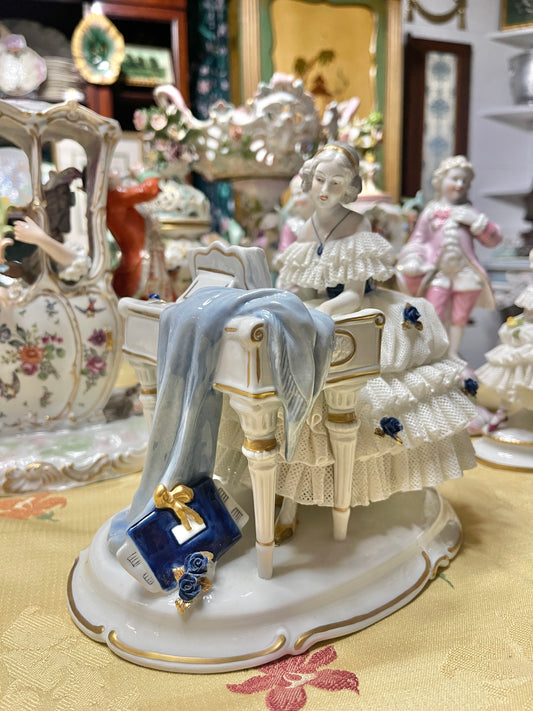 Vintage Royal Dux Bohemia Porcelain Lady at the Piano Figurine, White Porcelain with Blue Applied Roses & Pink Bow — Mid-Century European Figurine