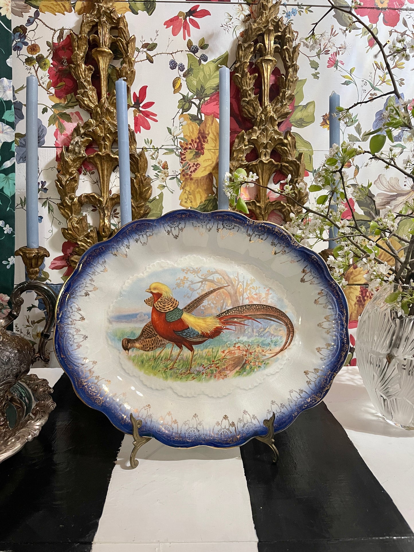 Flow Blue Antique  Pheasant Platter, Estate Decor