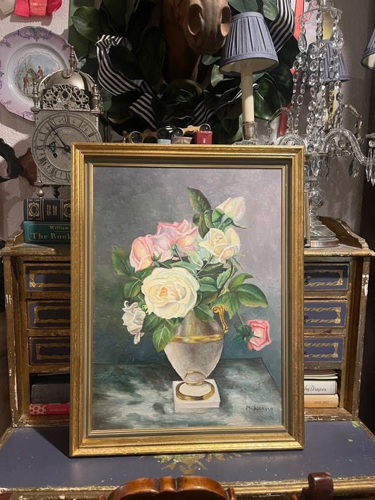 Vintage Still Life Oil Painting of Roses in Classical Urn | Signed M. Anderson | Framed Floral Artwork