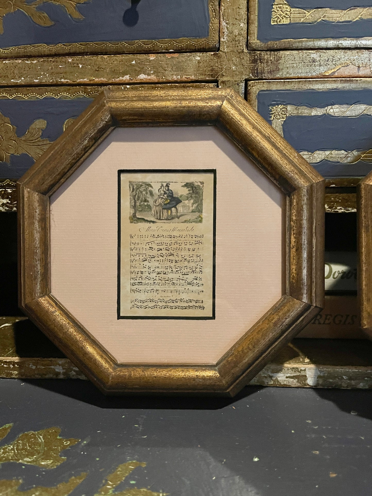 Lovely Pair of Vintage George Bickham Sheet Music, Pink Matting, Frech Decor, Guilt Frame, Pair