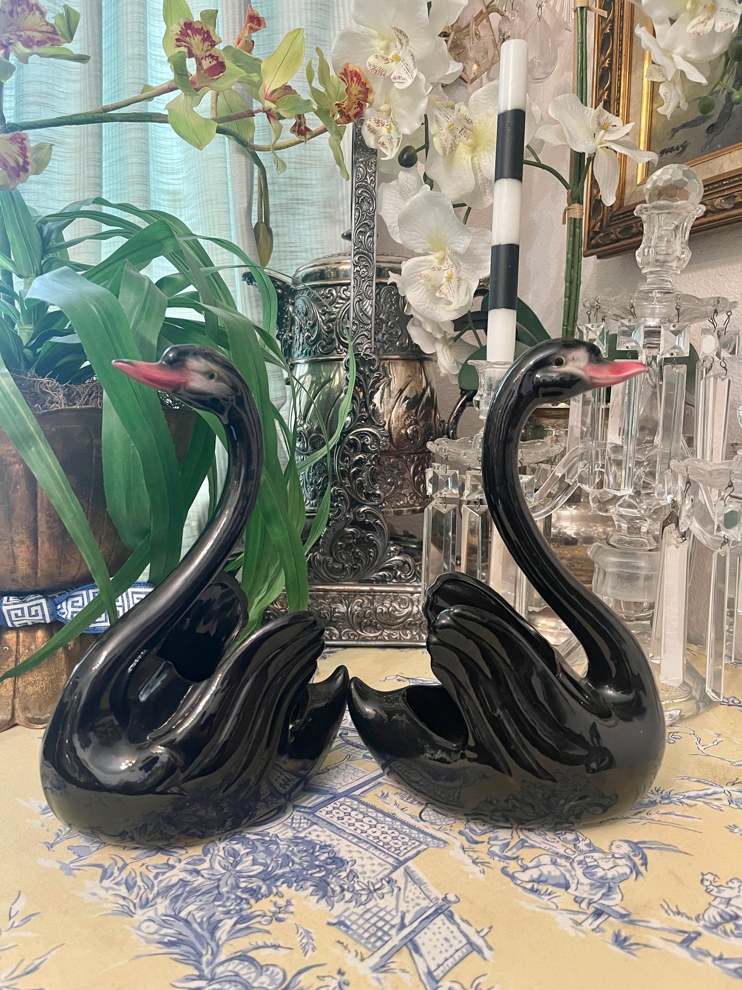 Black Swan Cache Pot Planter Pair, Mid 20th Century, Maddox Pottery