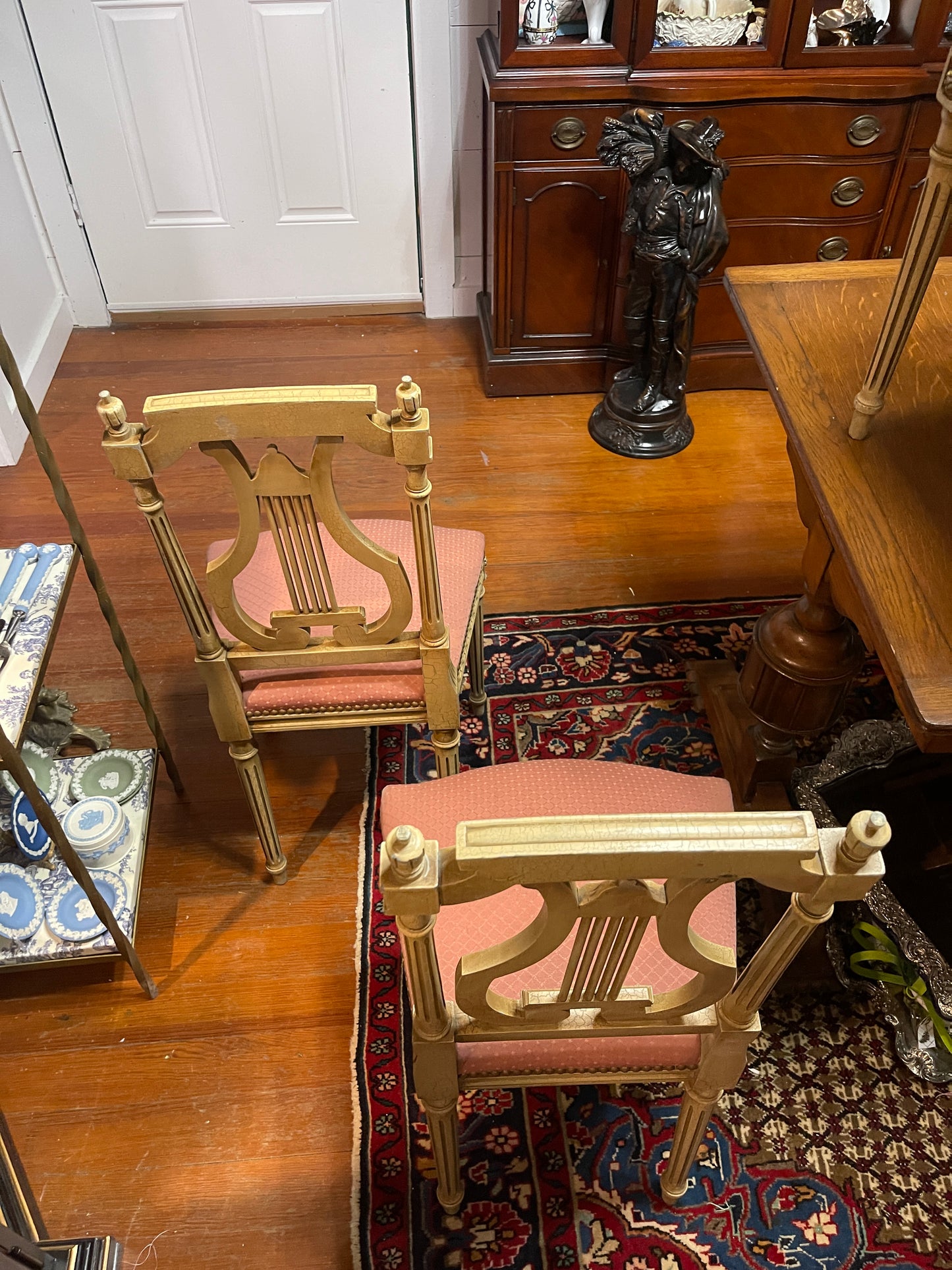 Pair of Antique Neoclassical Lyre Back Chairs – Carved Gilt Accents & Blush Upholstery *Pick Up Only*