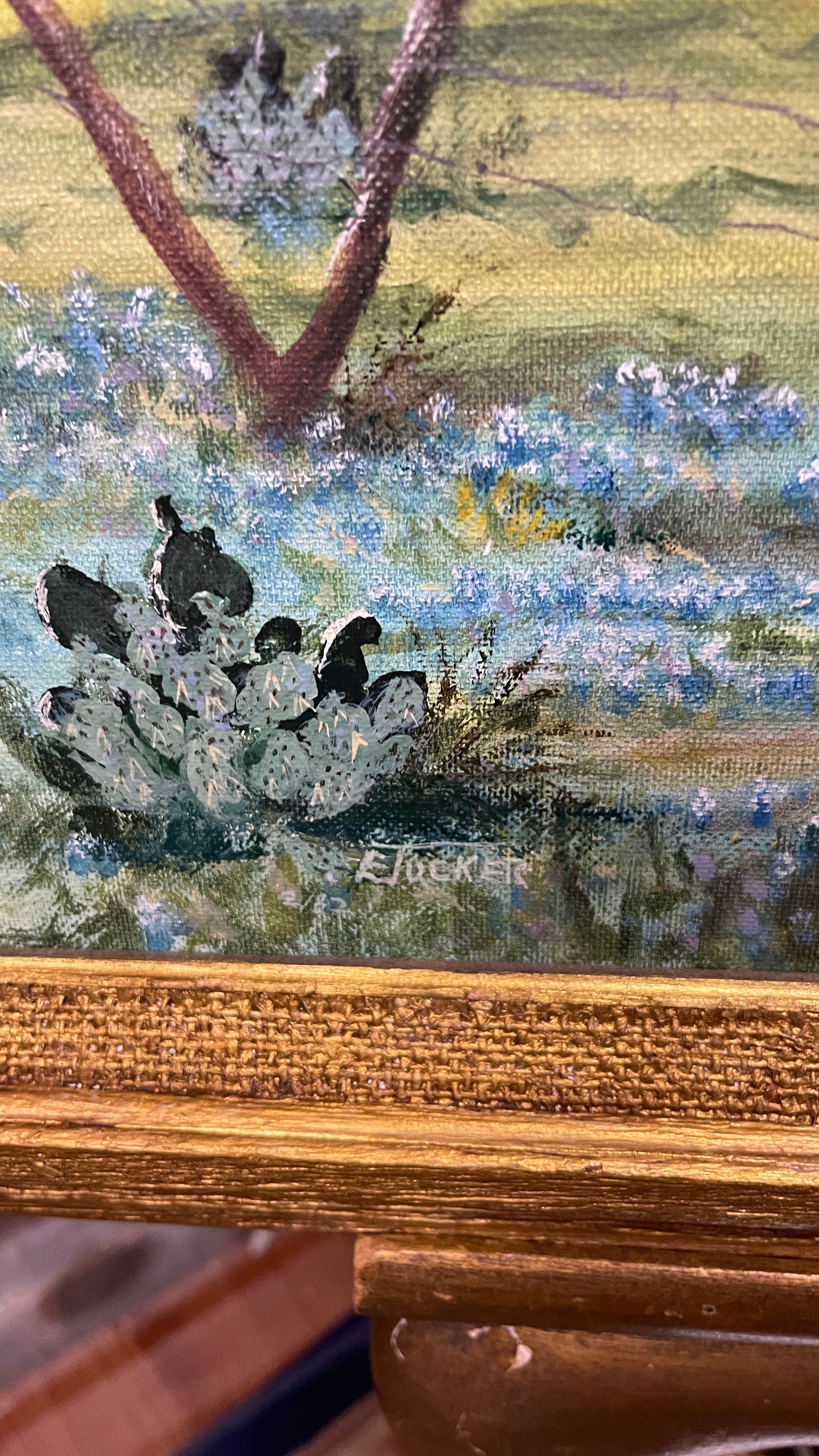 Vintage Texas Hill Country Bluebonnet Landscape | Original Oil Painting Signed E. Tucker