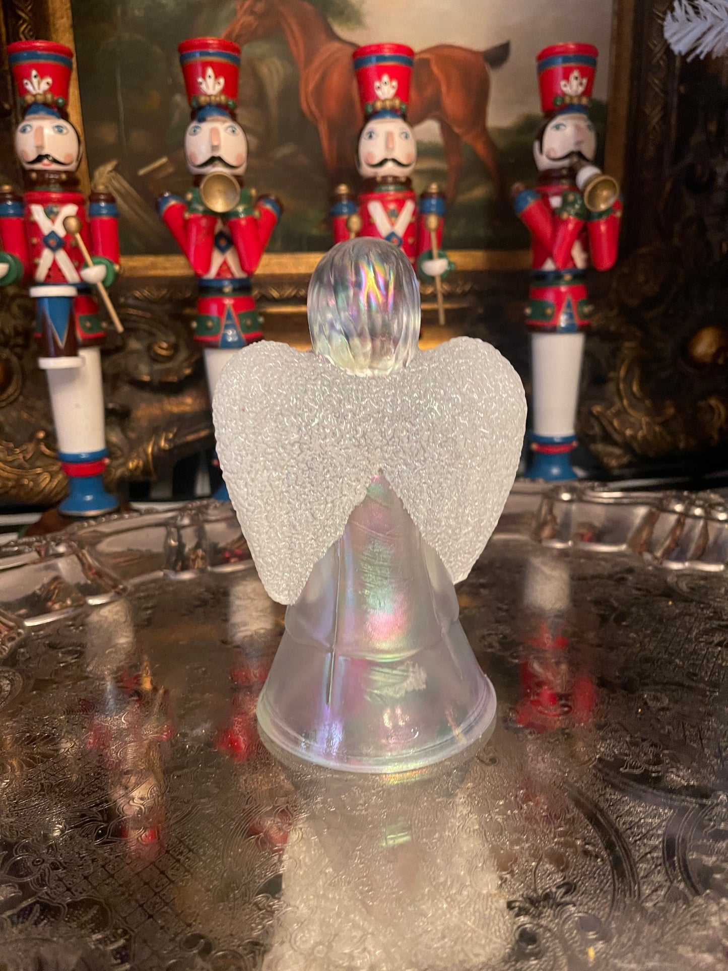 Iridescent White Fenton Angel with Frosted Textured Wings and Gold Bird, Vintage