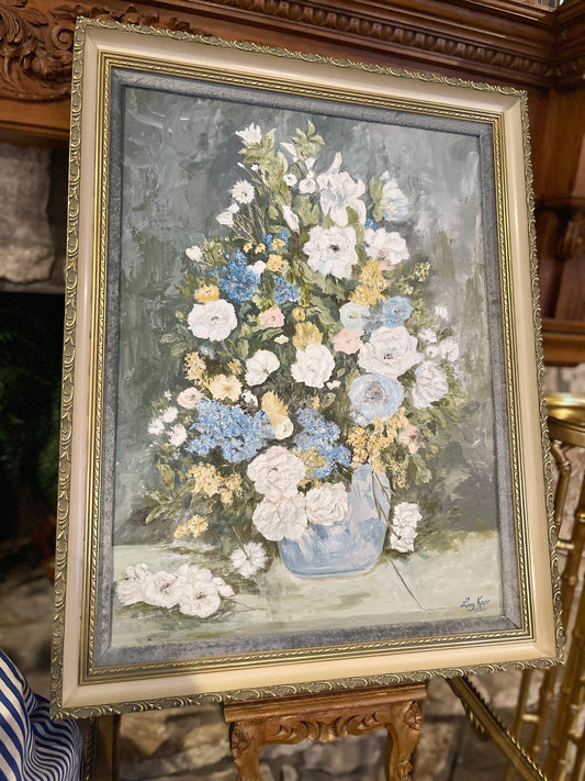 Vintage Painting of vased Flowers in Pink, Blue, White and Yellow