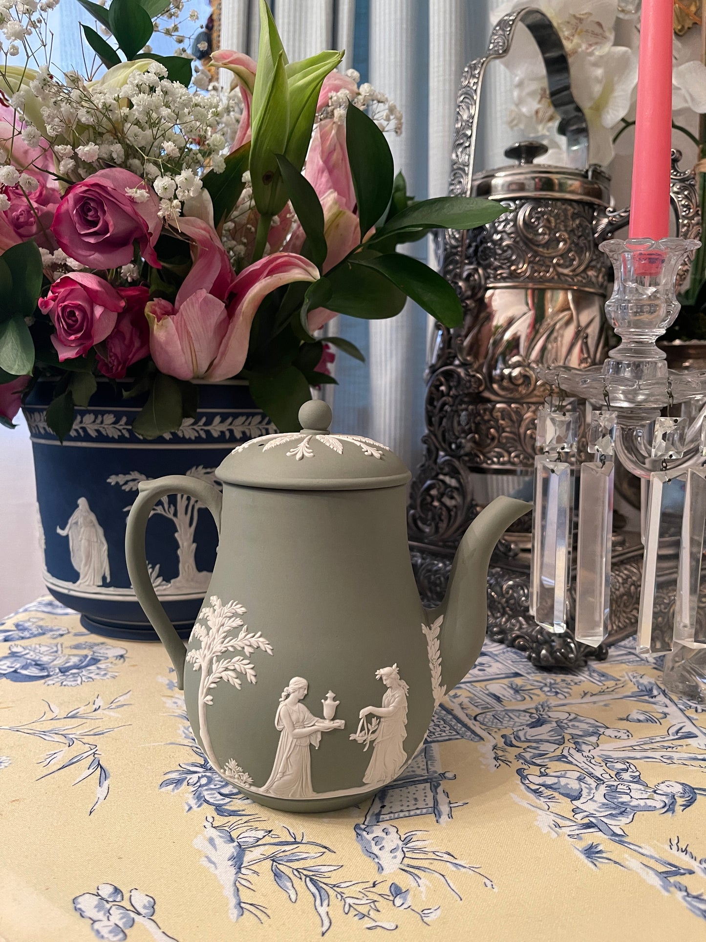 Wedgwood Cream on Sage Jasperware Coffee Pot with Lid, Vintage