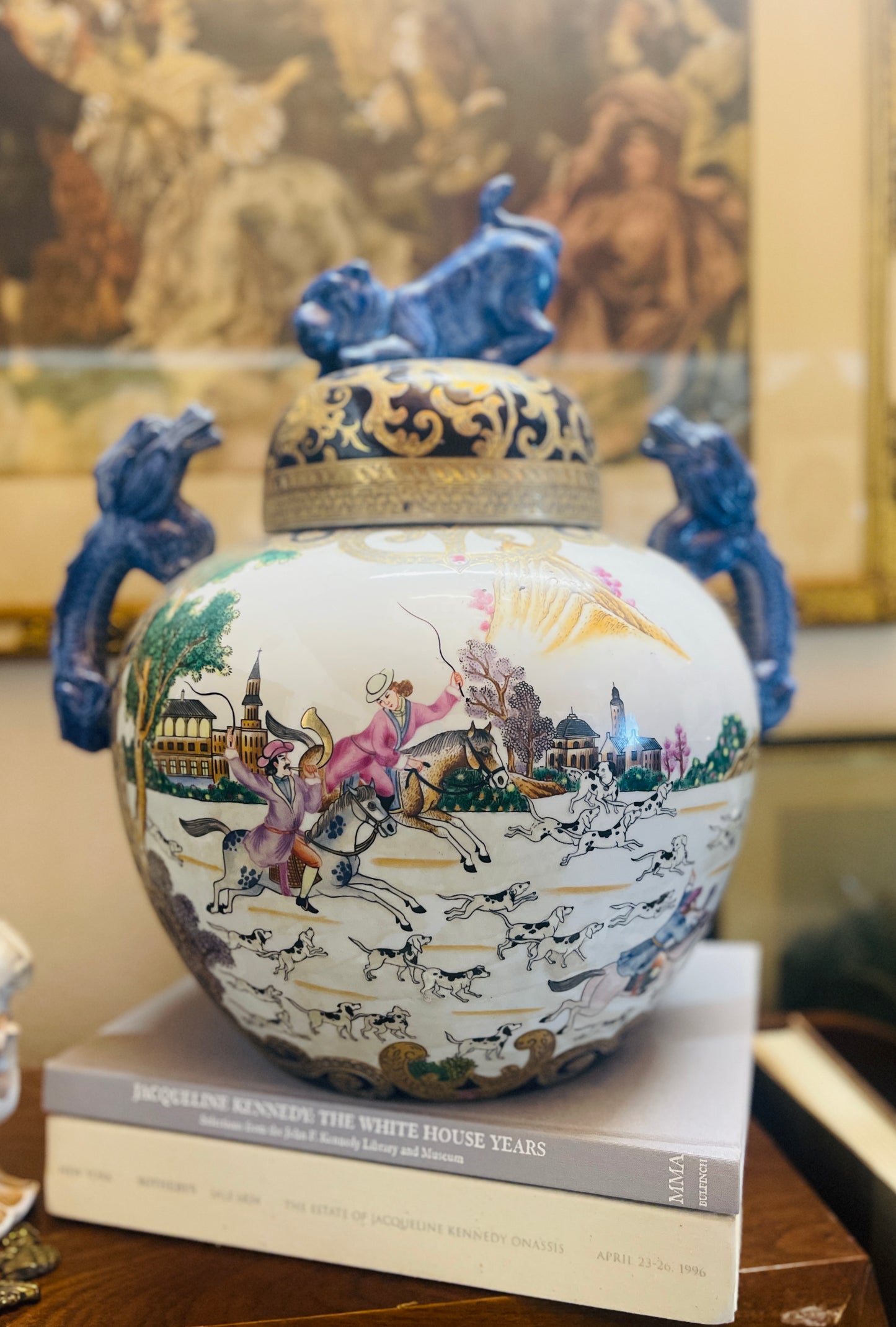 Chinoiserie 15”Ginger Jar, Colonial Hunt Scene, 20th Century
