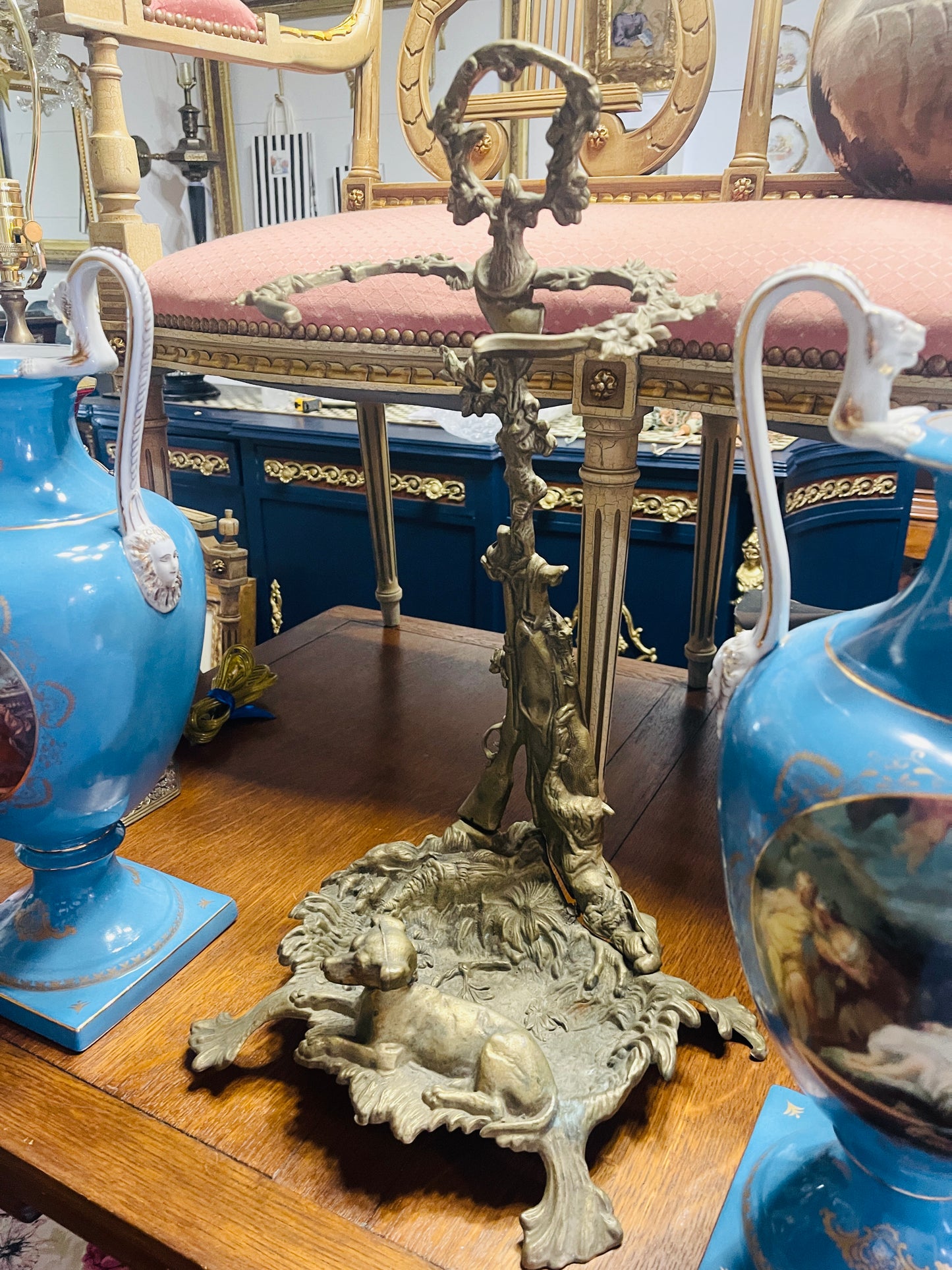 Antique Brass Umbrella Stand – Art Nouveau Hunt Scene with Game Hound, Bugle and Hare