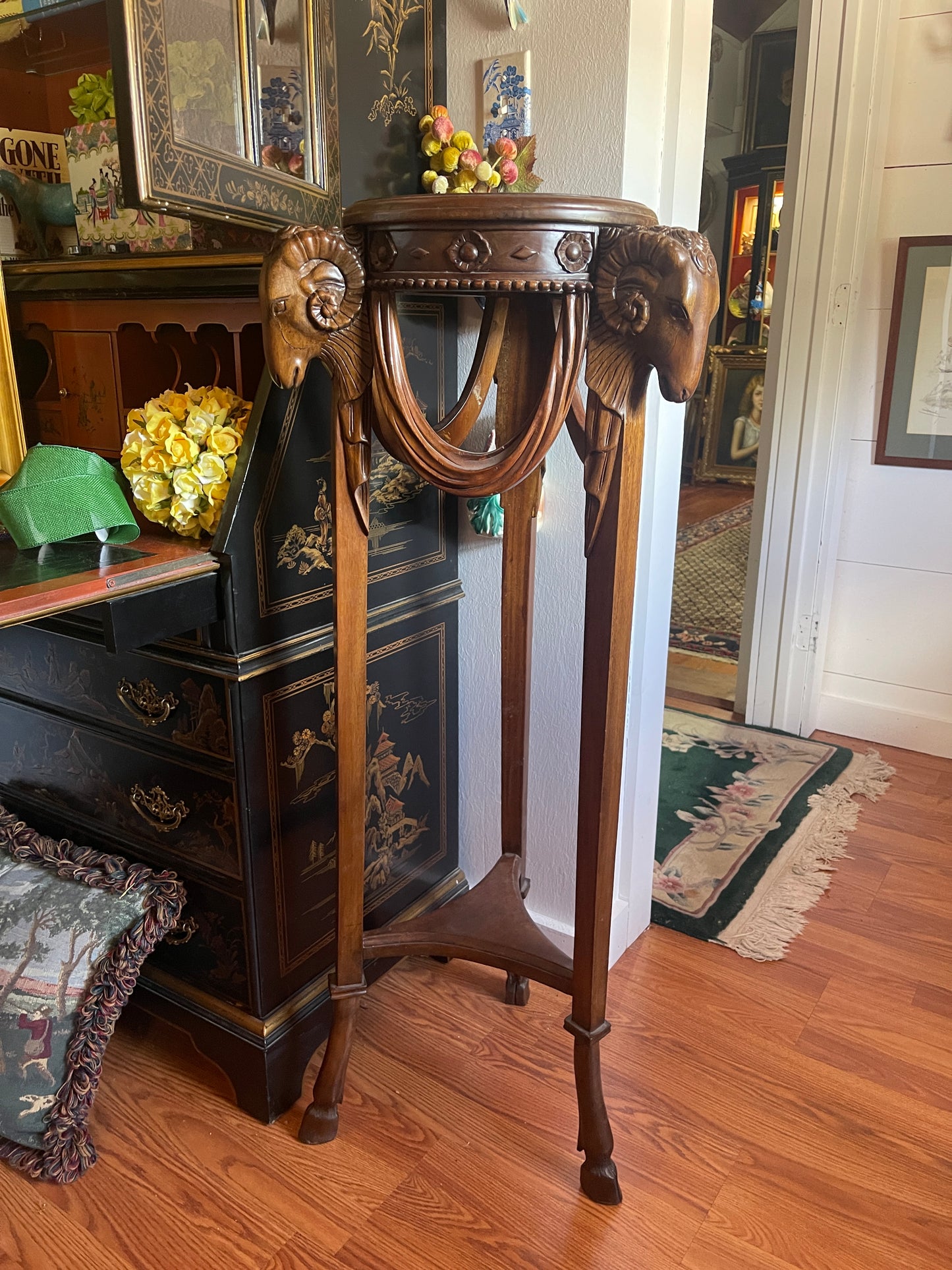 Vintage Carved Mahogany Plant Stand W/ Rams Head & Hooved Feet, Neoclassical Detail