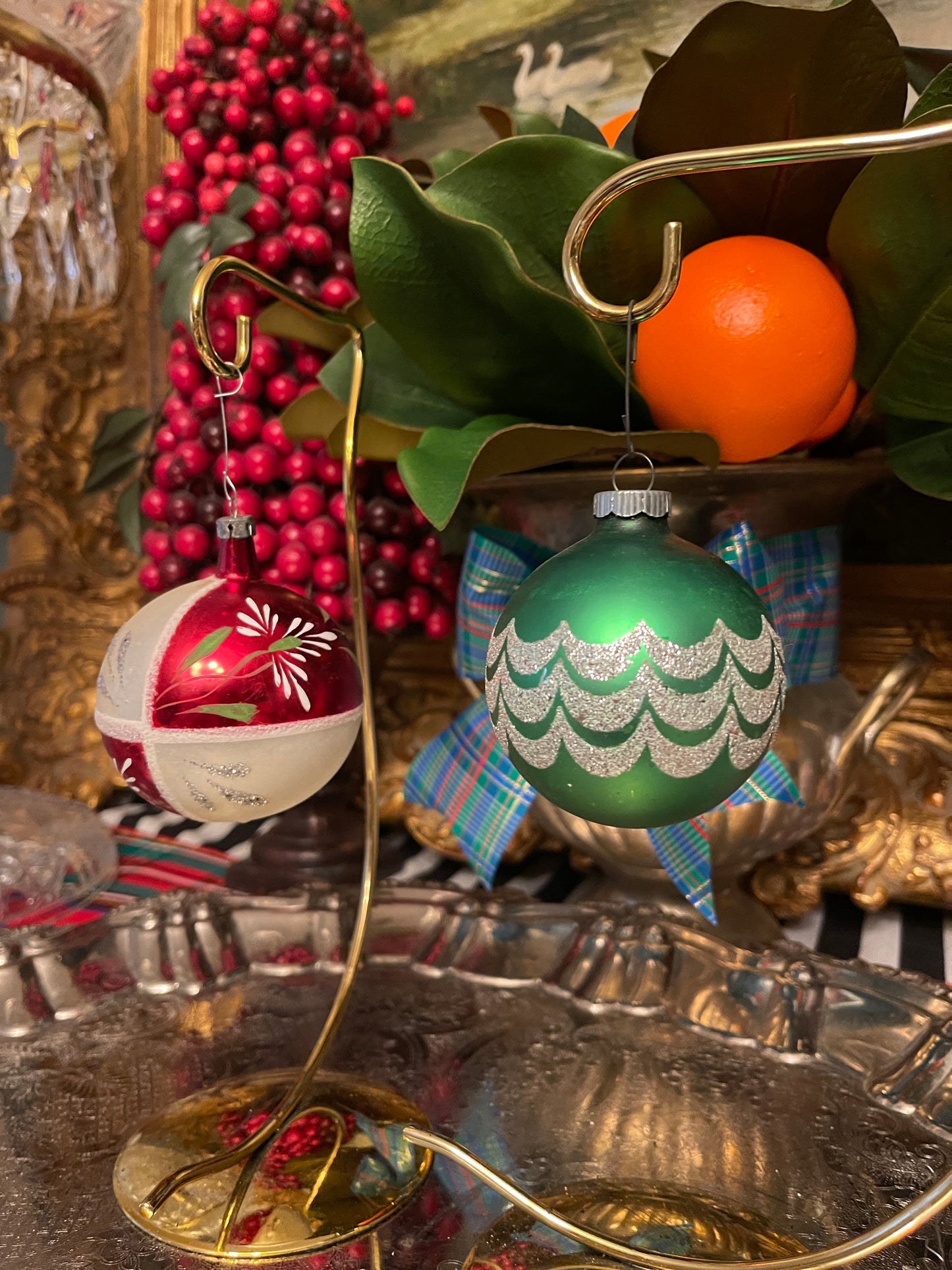 Vintage Hand Painted Red, Green, and Silver Glitter Glass Ornament Pair, Shiny Brite, Holiday Estate Decor