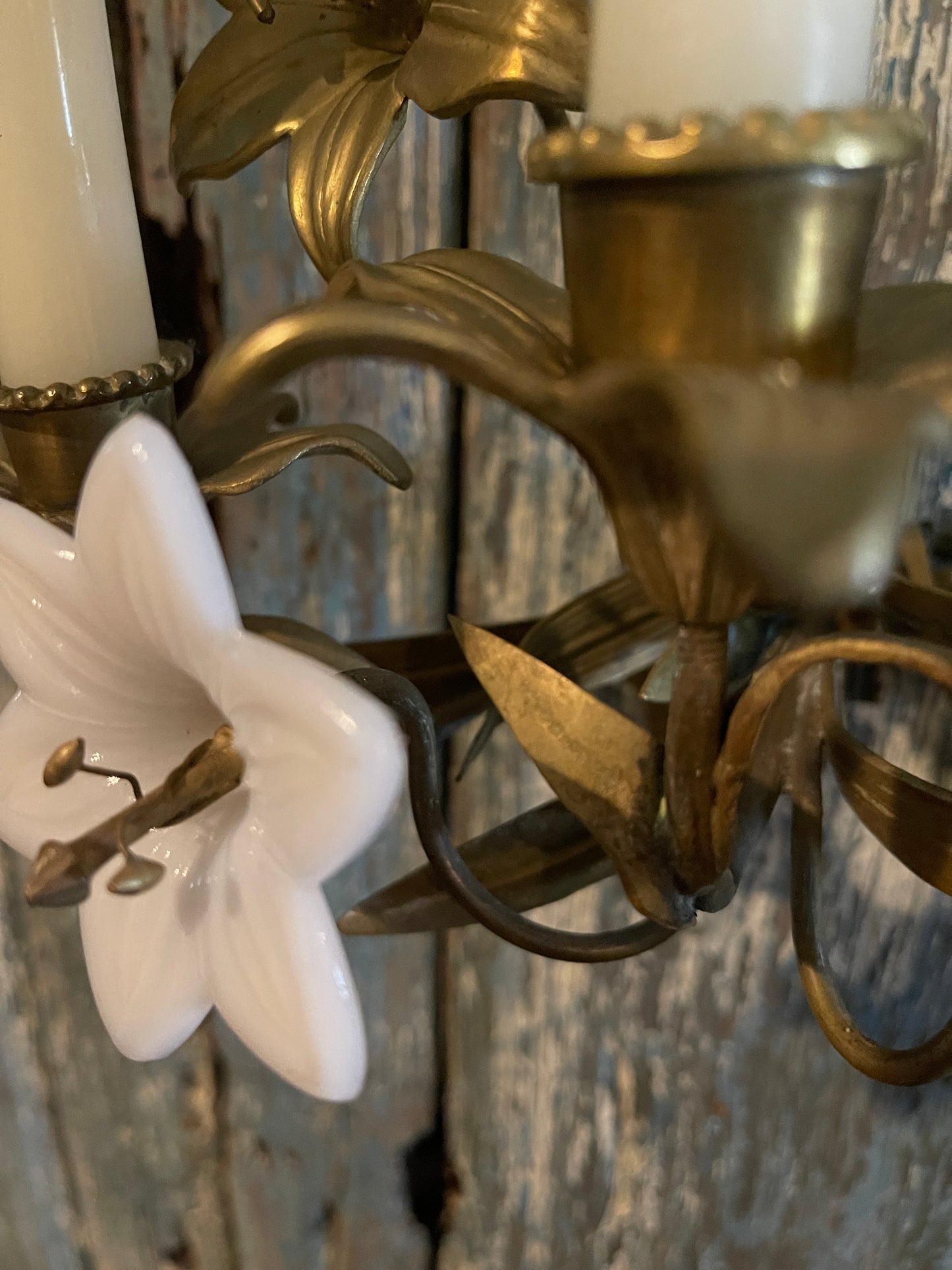 Antique French Church Gold Tole and Milk Glass Wall Sconces, Pair