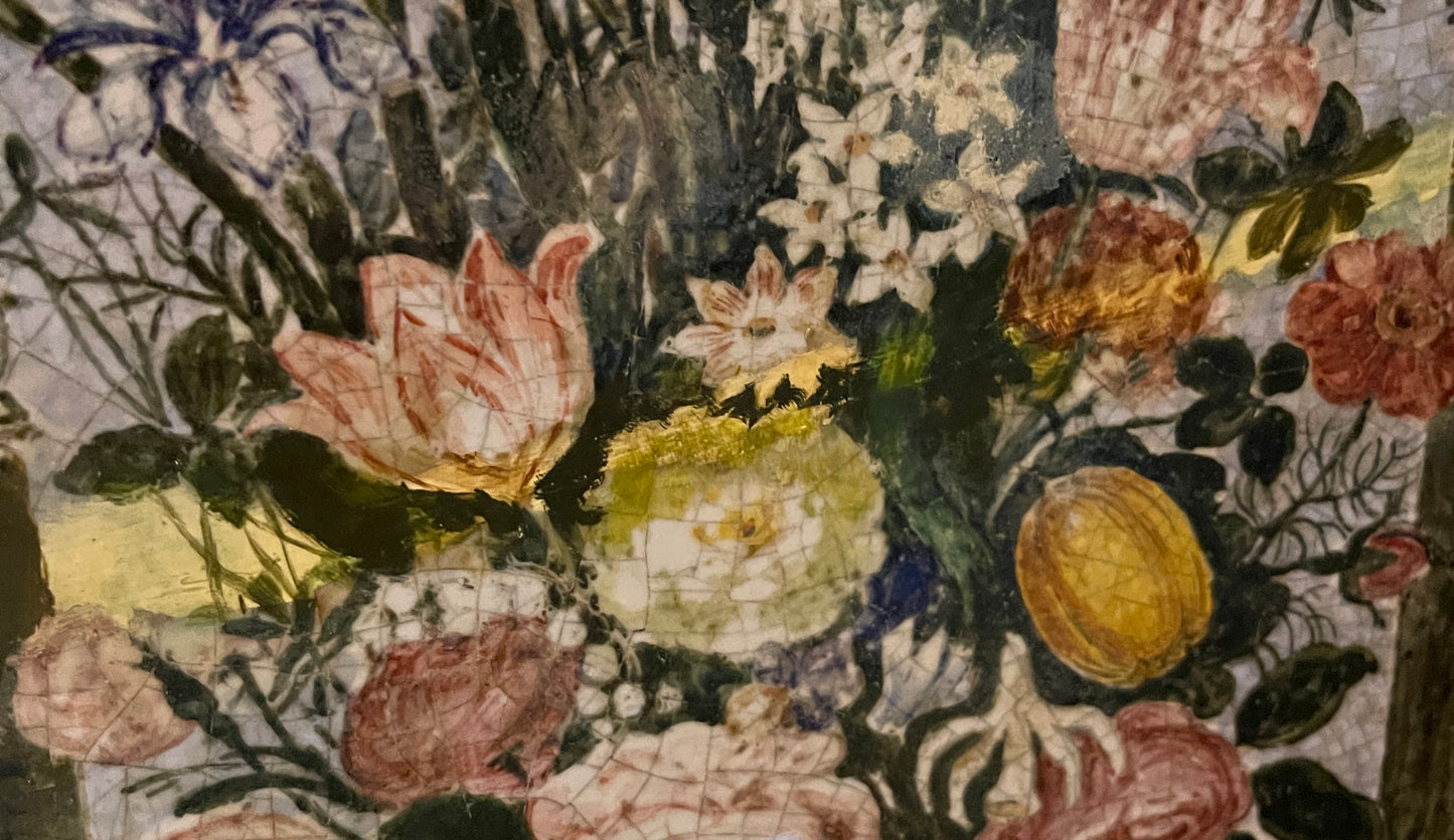 Vintage Framed Floral Still Life on Porcelain Tile with Shell Motif in Italian Giltwood Frame, After Ambrosius Bosschaert the Elder (Dutch, 1573-1621)