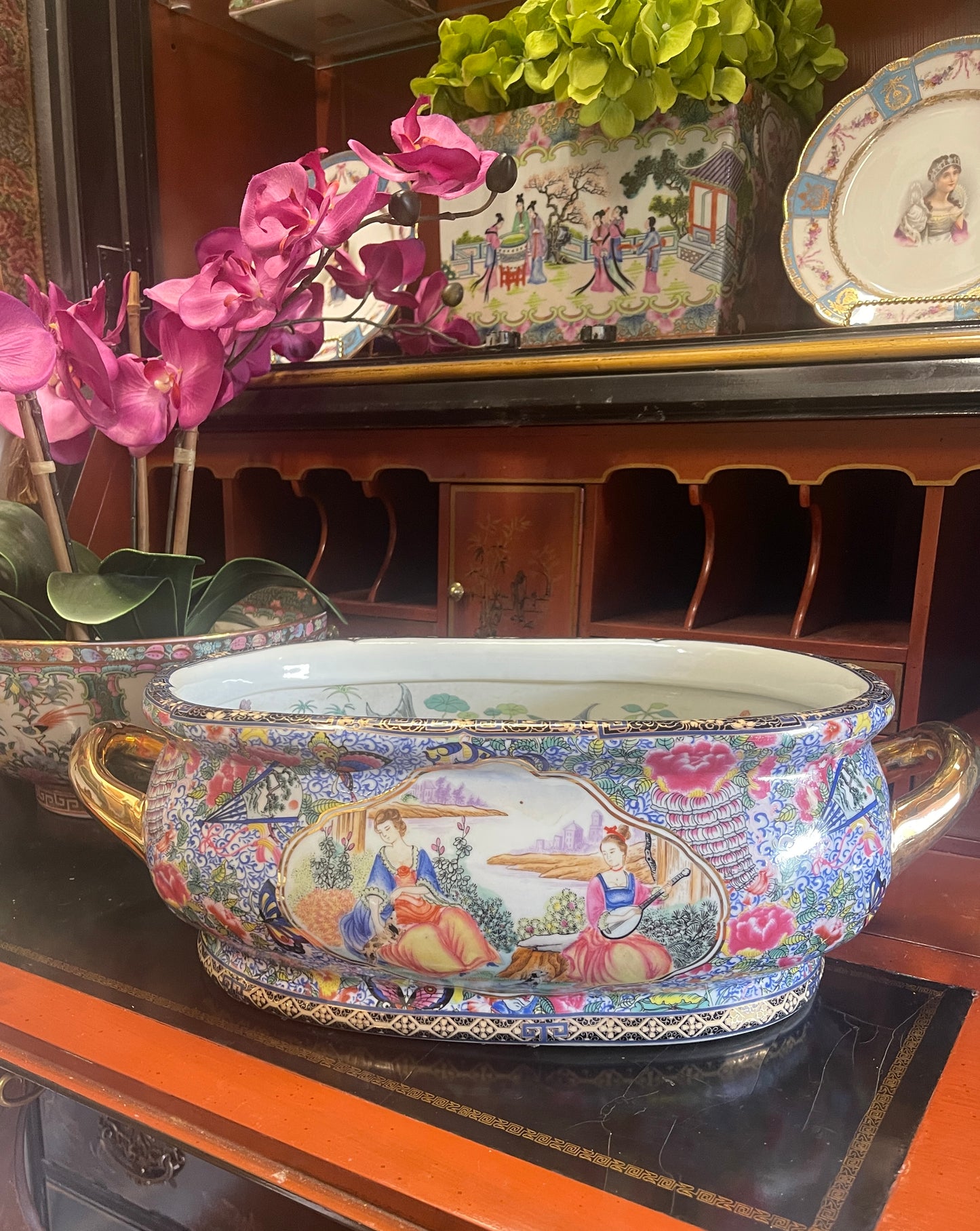 Vintage French Courting Scene Footbath, Vibrant Chinoiserie Detail