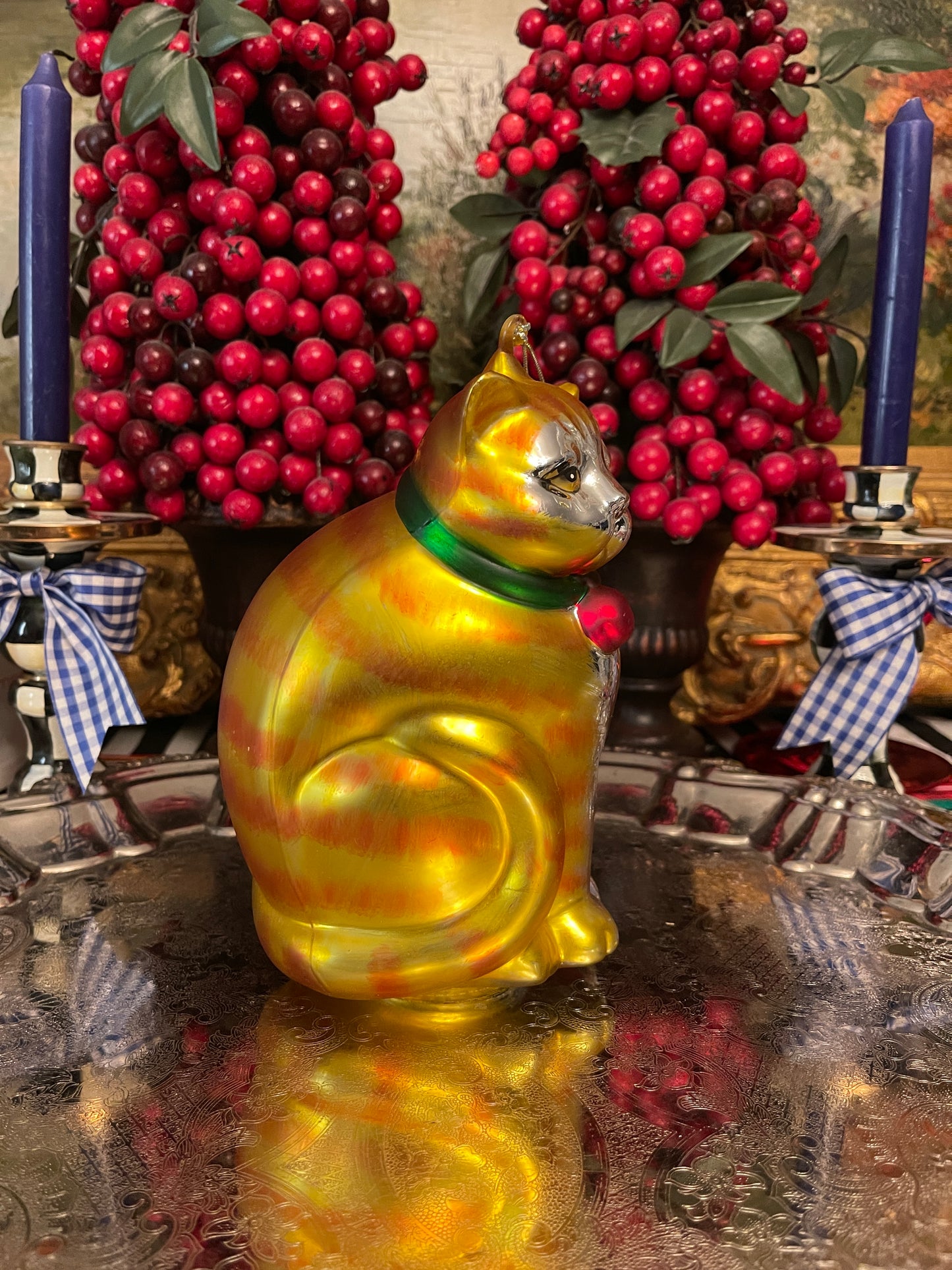 Vintage Hand Painted Dept 56 Fat Cat Mercury Glass Ornament