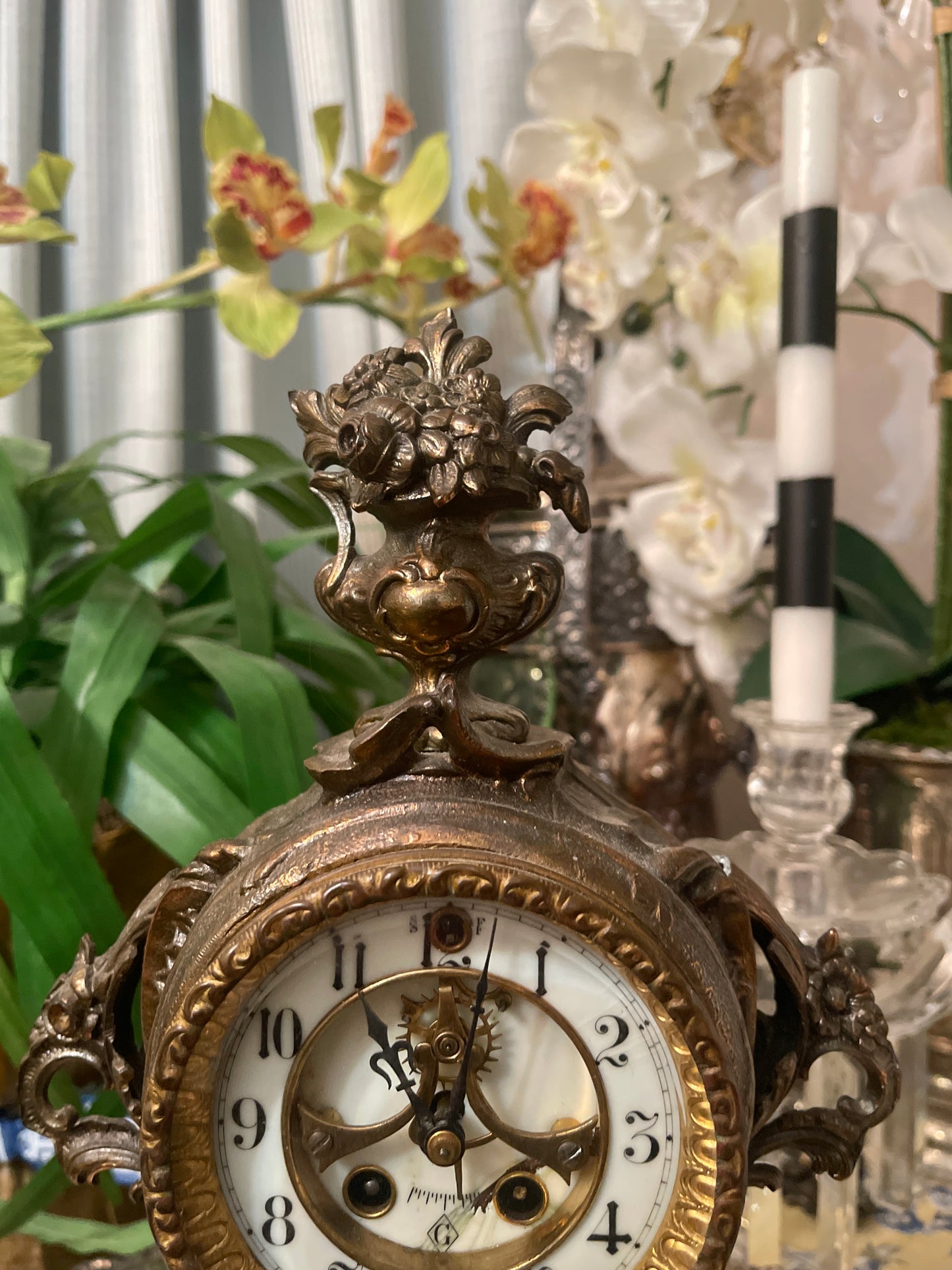 Antique French Ormolu Bronze Mantel Clock with Hand Painted Porcelain Adornment