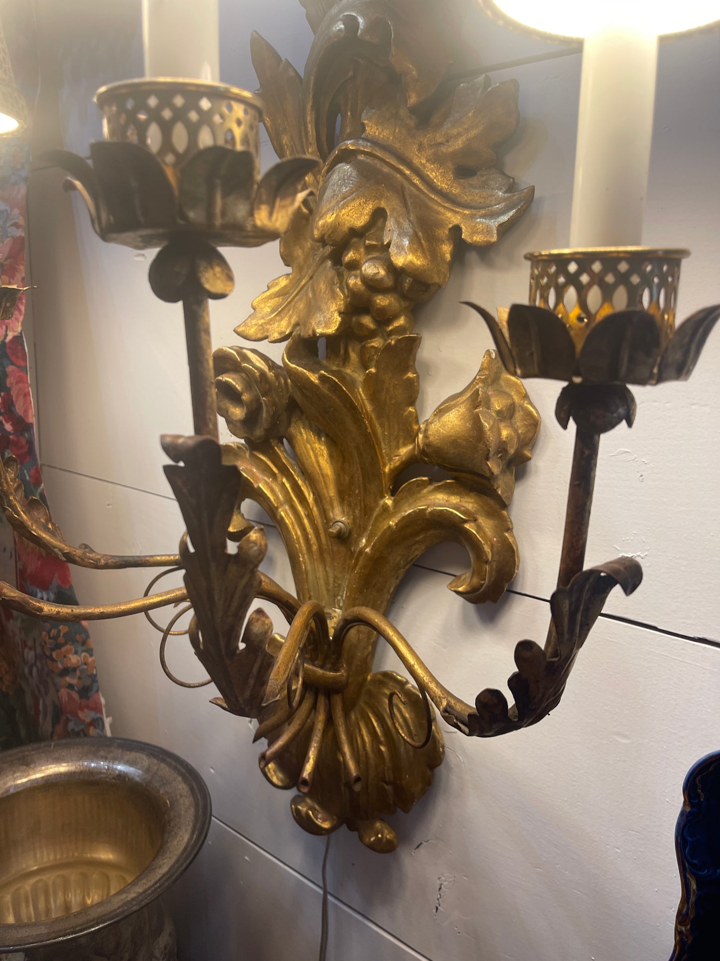 Italian Gilt Wood Wall Sconce, Carved Flowers with Bow, Four Light, Wired