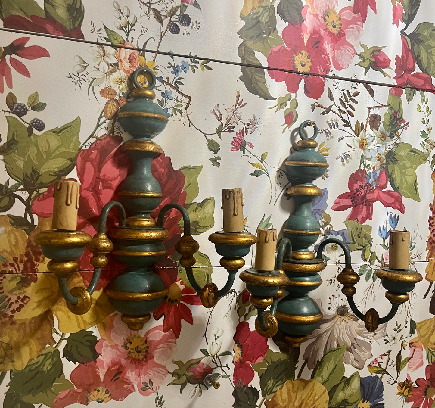 Italian Sconces, Hand Painted with Gilt Accents, Wired, Early 20th Century