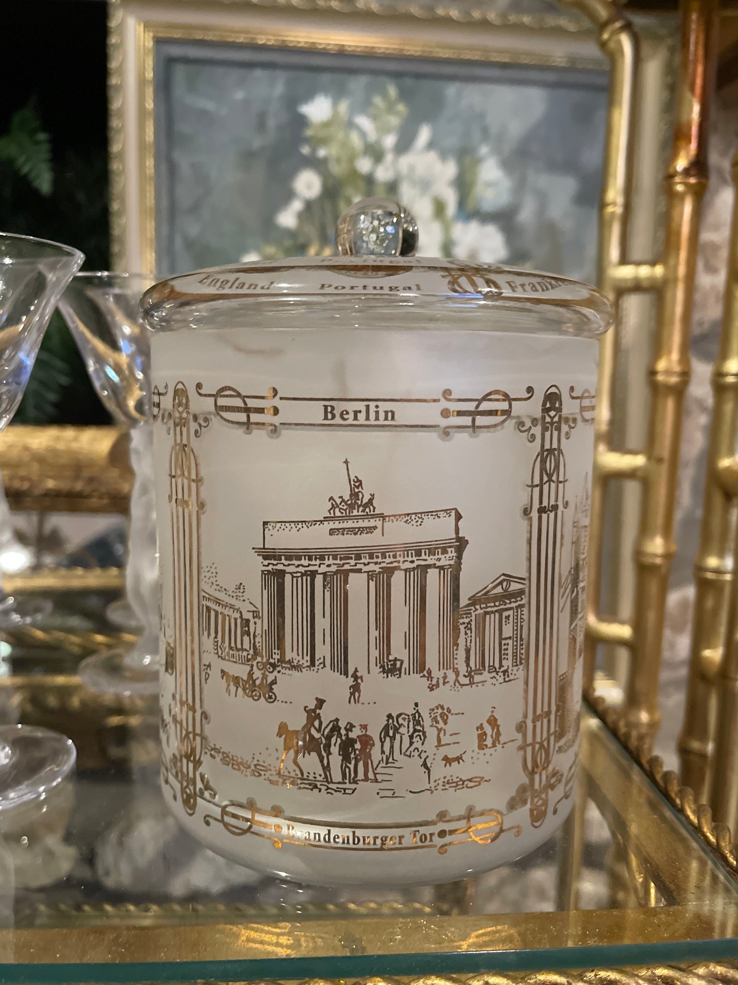 Lebkuchen Schmidt Lidded Canister, Frosted Glass, Gilt Scenes from Paris and London