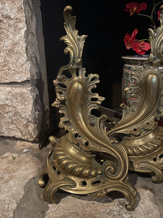 Antique Sheffield, New York Gilt Brass Andirons | Rococo Revival Fireplace Andirons | Sourced in Memphis| Heirloom Estate Decor