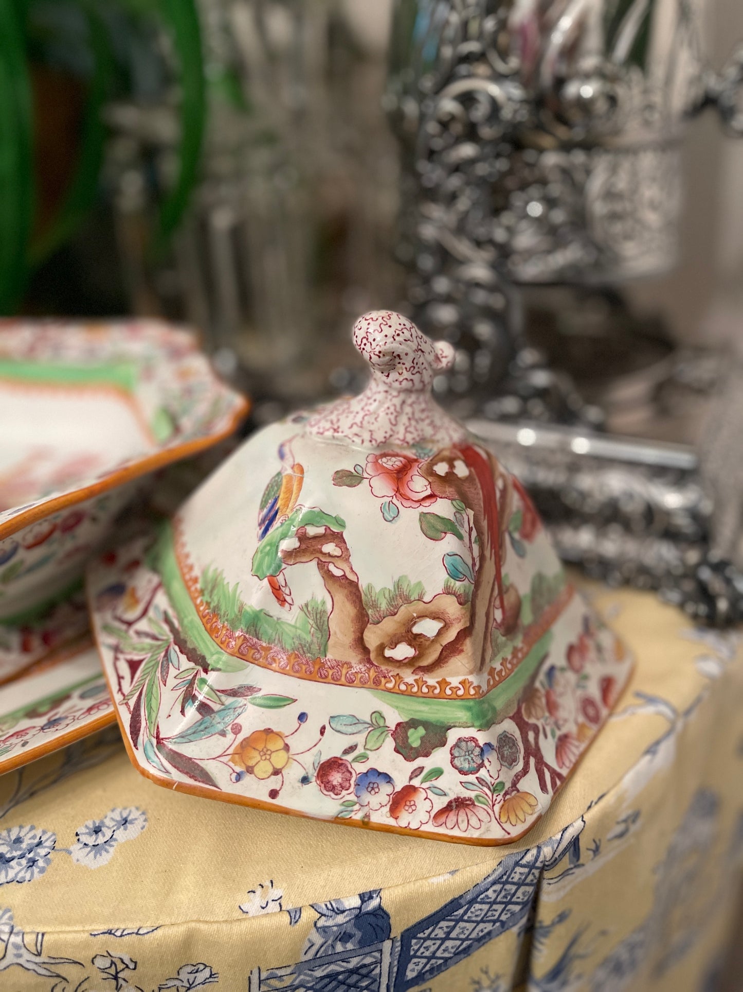 Antique Chinoiserie Birds of
Paradise Lidded Dish and Underplate by Ashworth
Bros. Hanley, Staffordshire England, Mason's Ironstone, Chinoiserie Chic