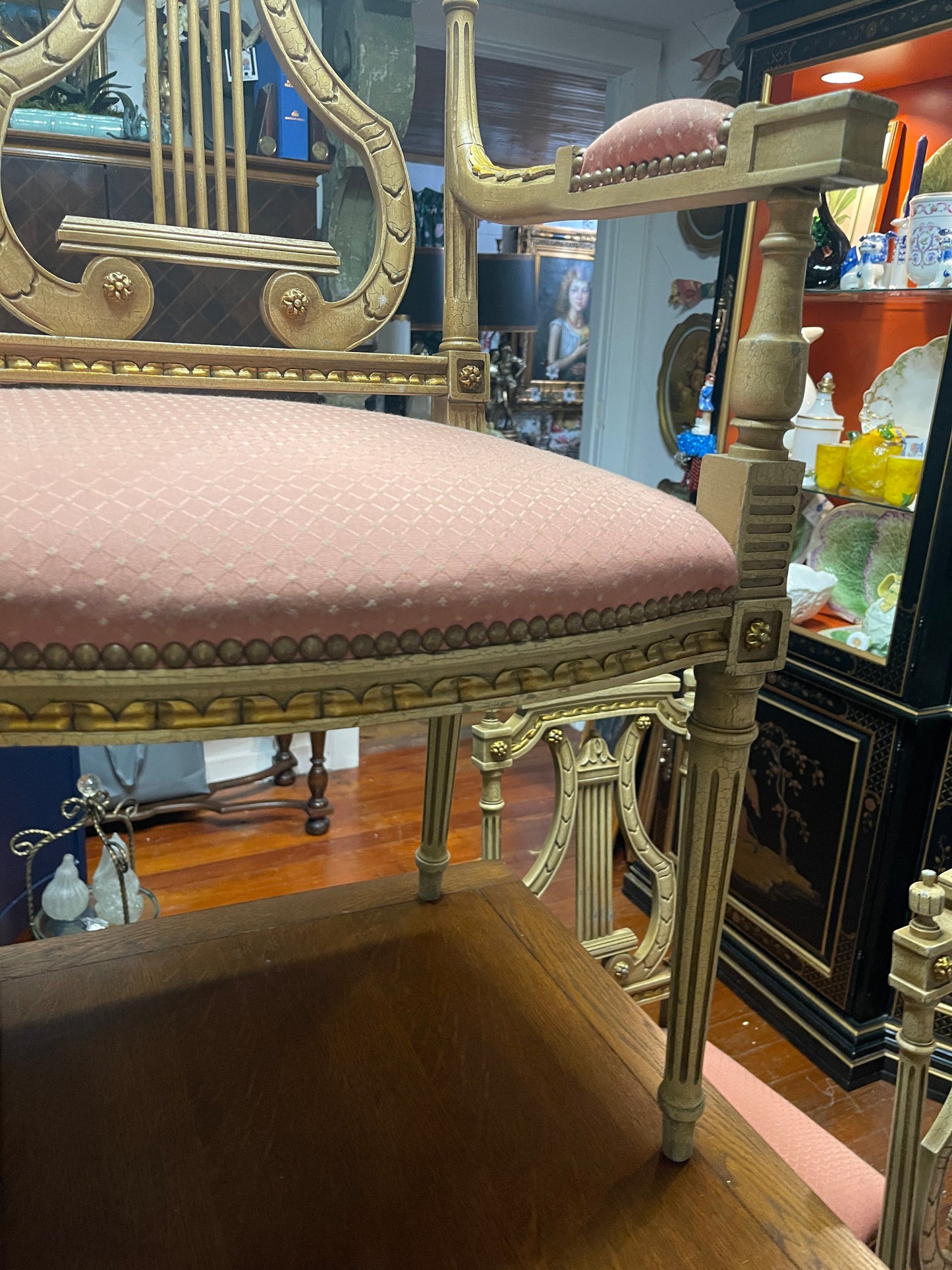 Antique Neoclassical Lyre Back Settee – Gilt Detailing & Blush Upholstery