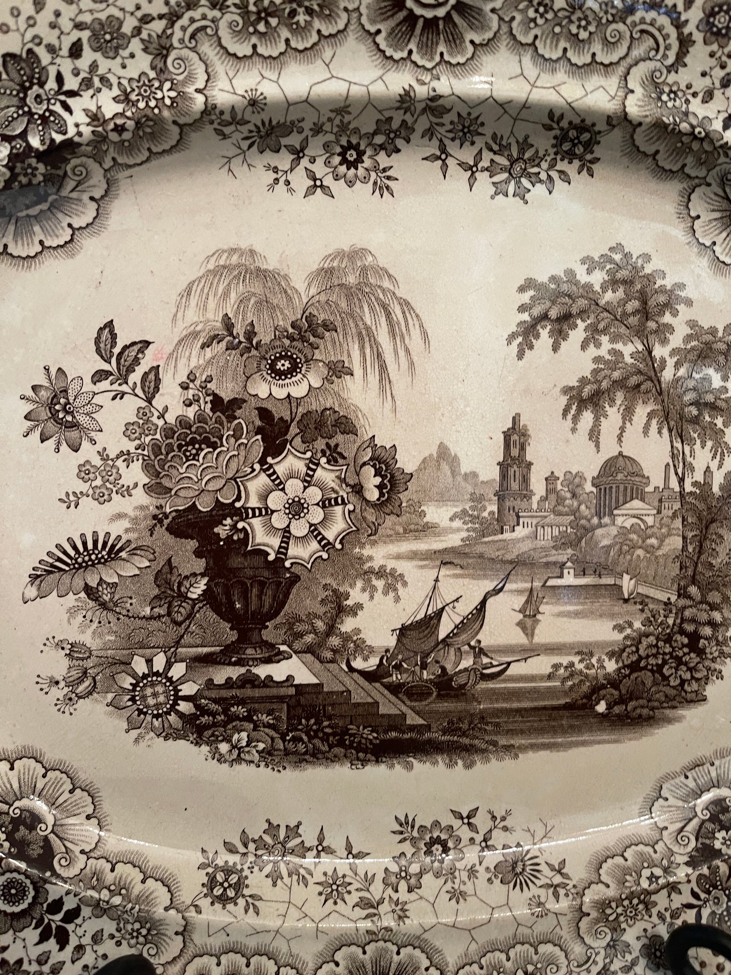 Brown and White Transferware Platter