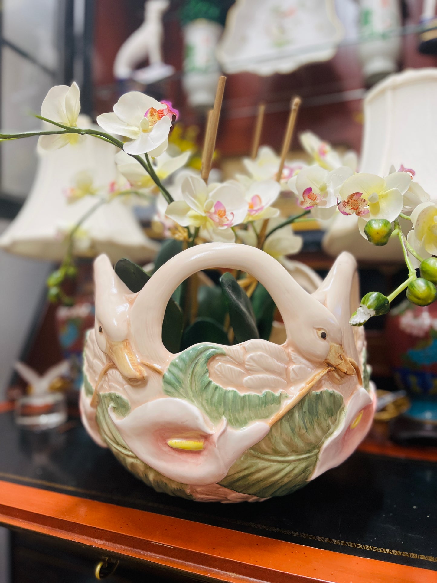 Vintage Fitz and Floyd Lily of the Valley Swan Centerpiece Bowl, Made in Japan, Hand Painted