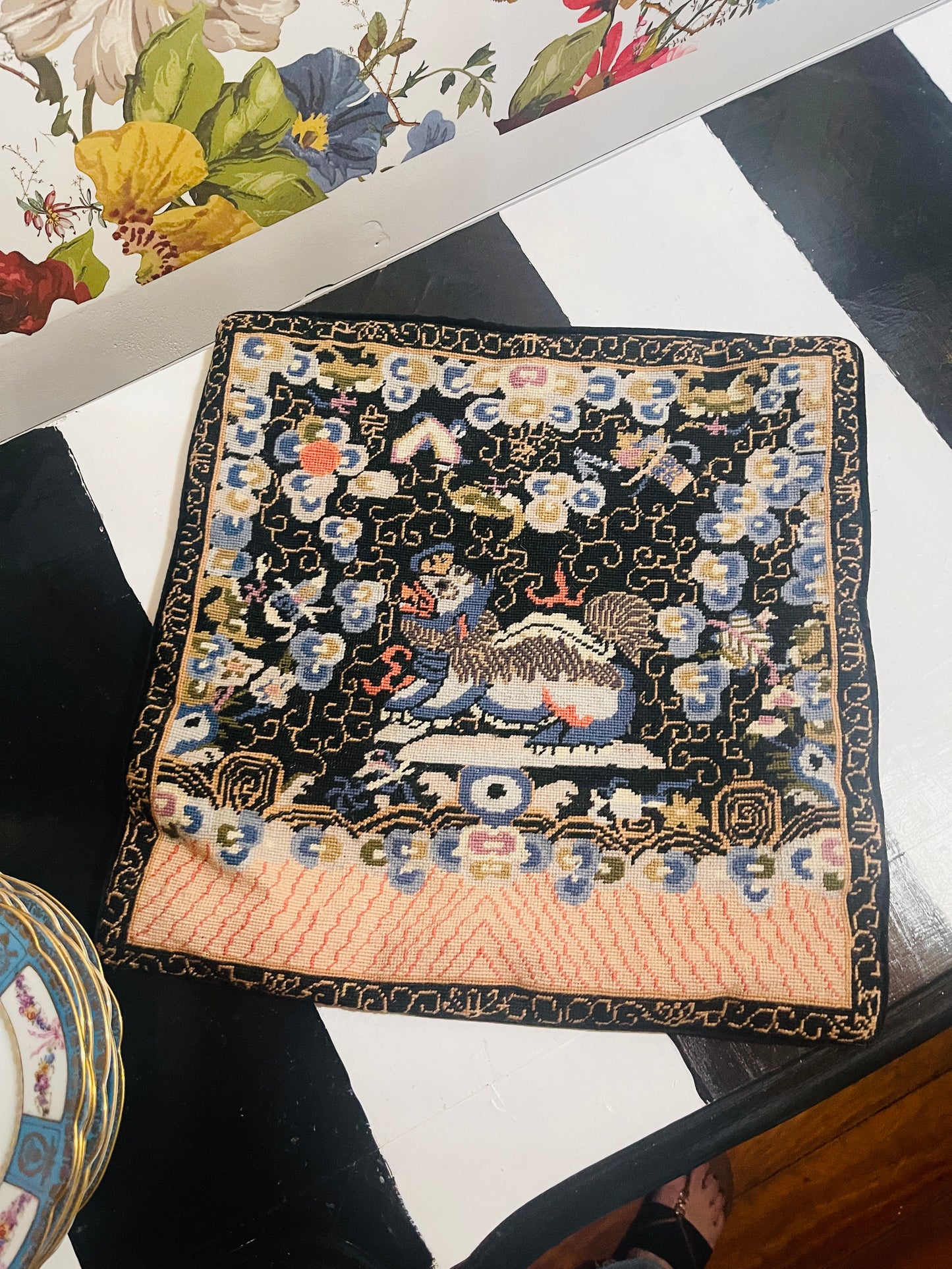 Vintage Chinoiserie Needlepoint Foo Dog Pillow Cover