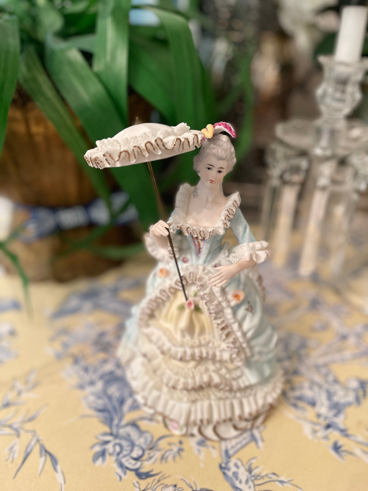 Victorian Statuette with Parasol, French Blue and White Dresden Style Lace Dress with Applied Porcelain Flowers