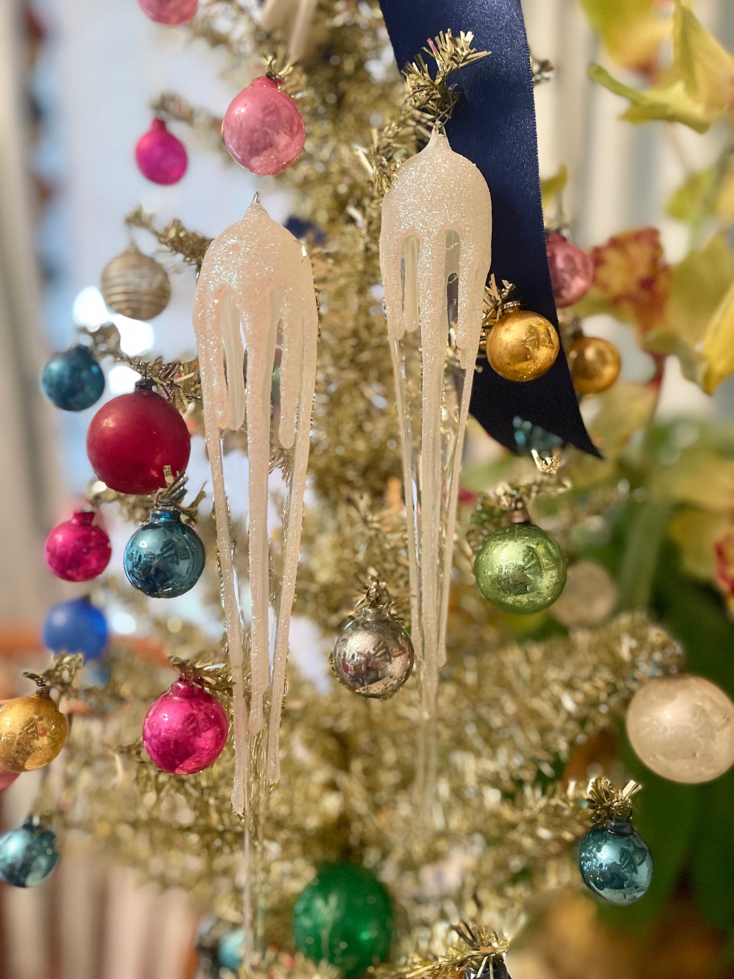 Glittery Snow Capped Glass Ice Cycle Ornament Pair, Vintage, Sold in Pairs