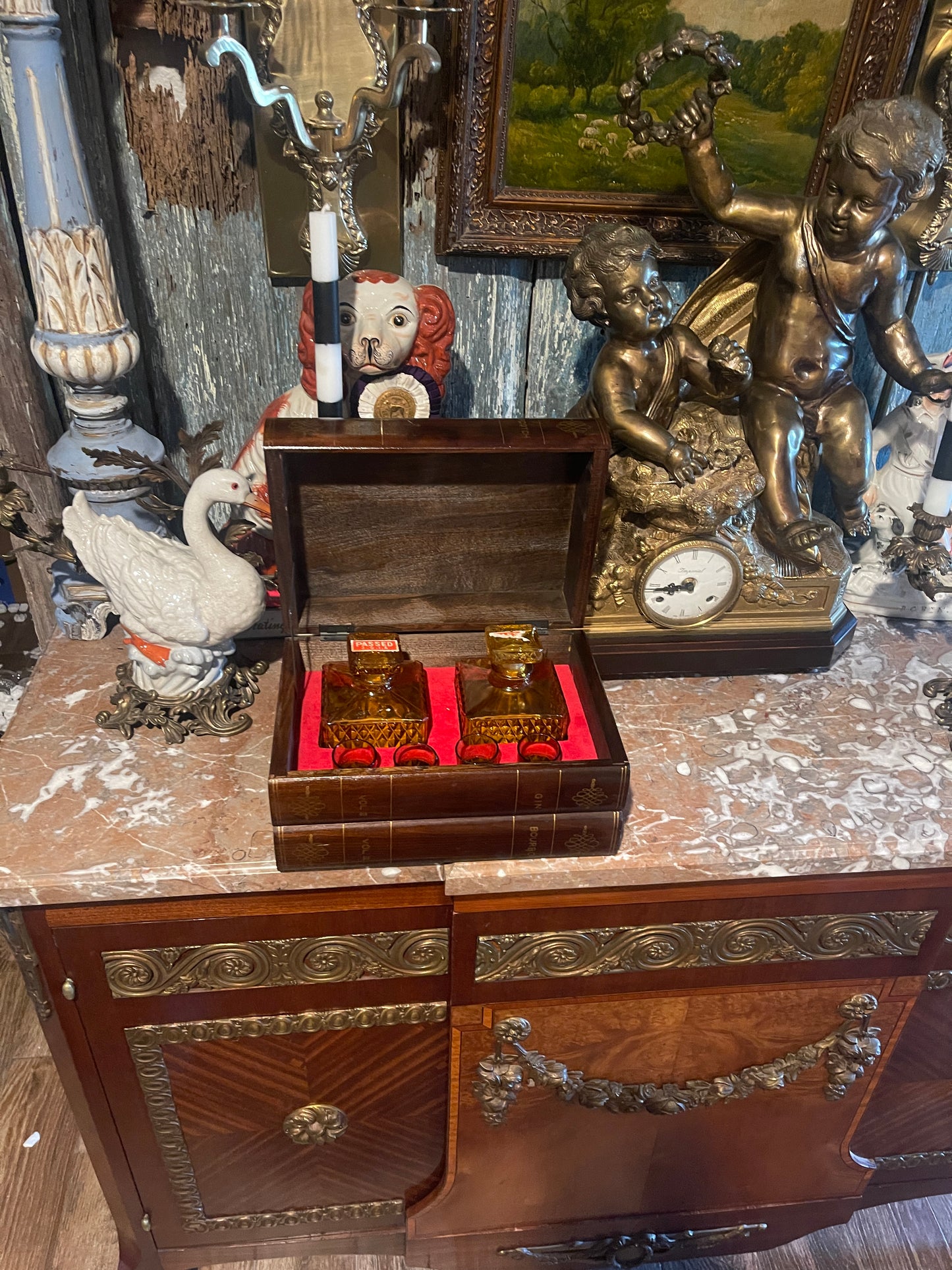 Vintage Japanese Wood “Book Stack” Box with Amber Glass Inset — Mid-Century Bar Set, Made in Japan
