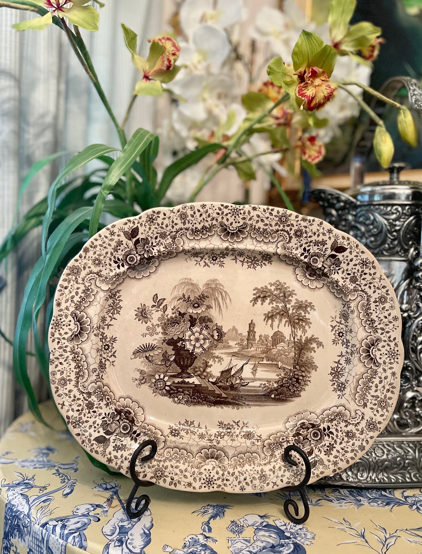 Brown and White Transferware Platter