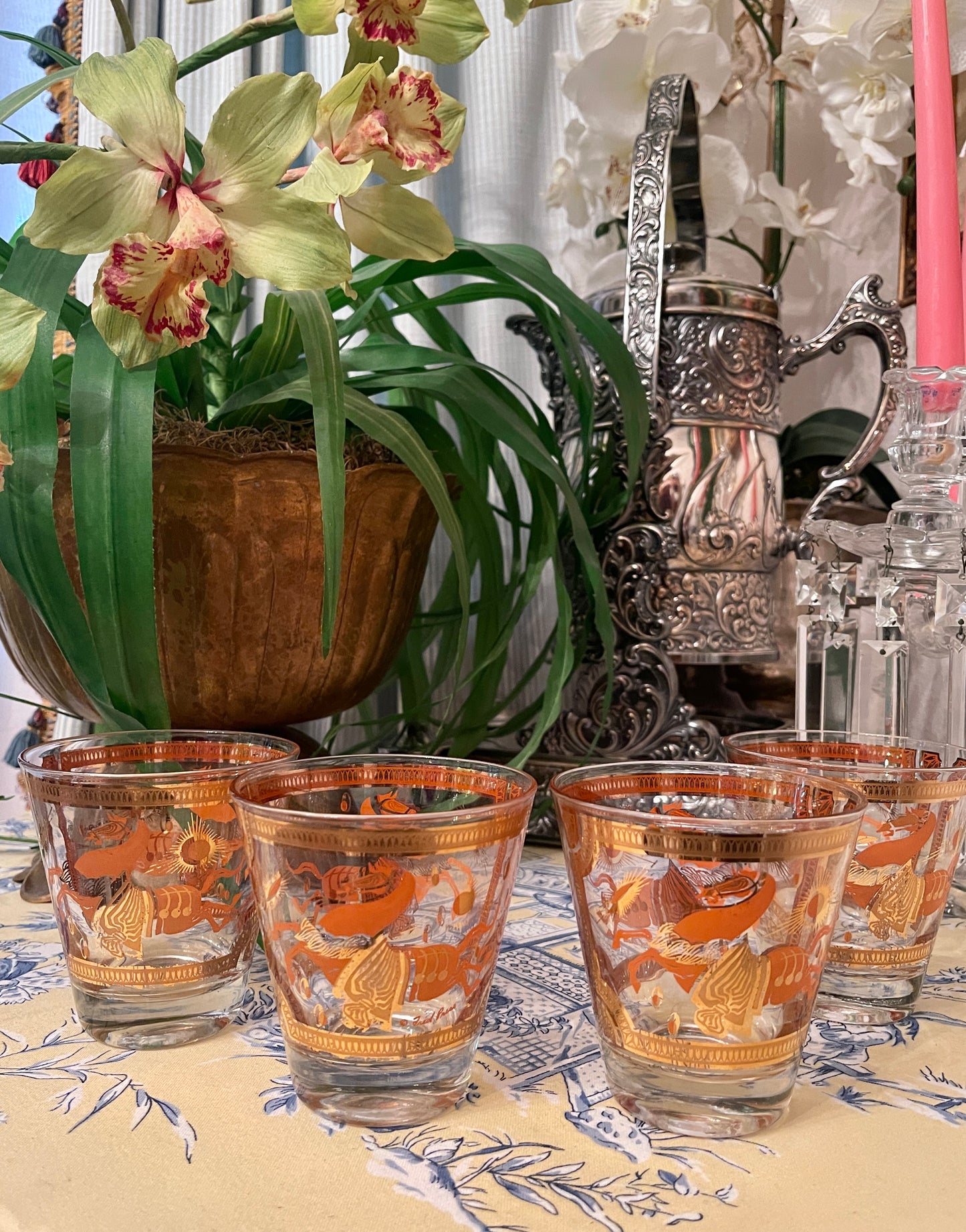 Vintage Fred Press Orange and 22kt Gold Trojan Horse Lowball Glasses, Set of Four