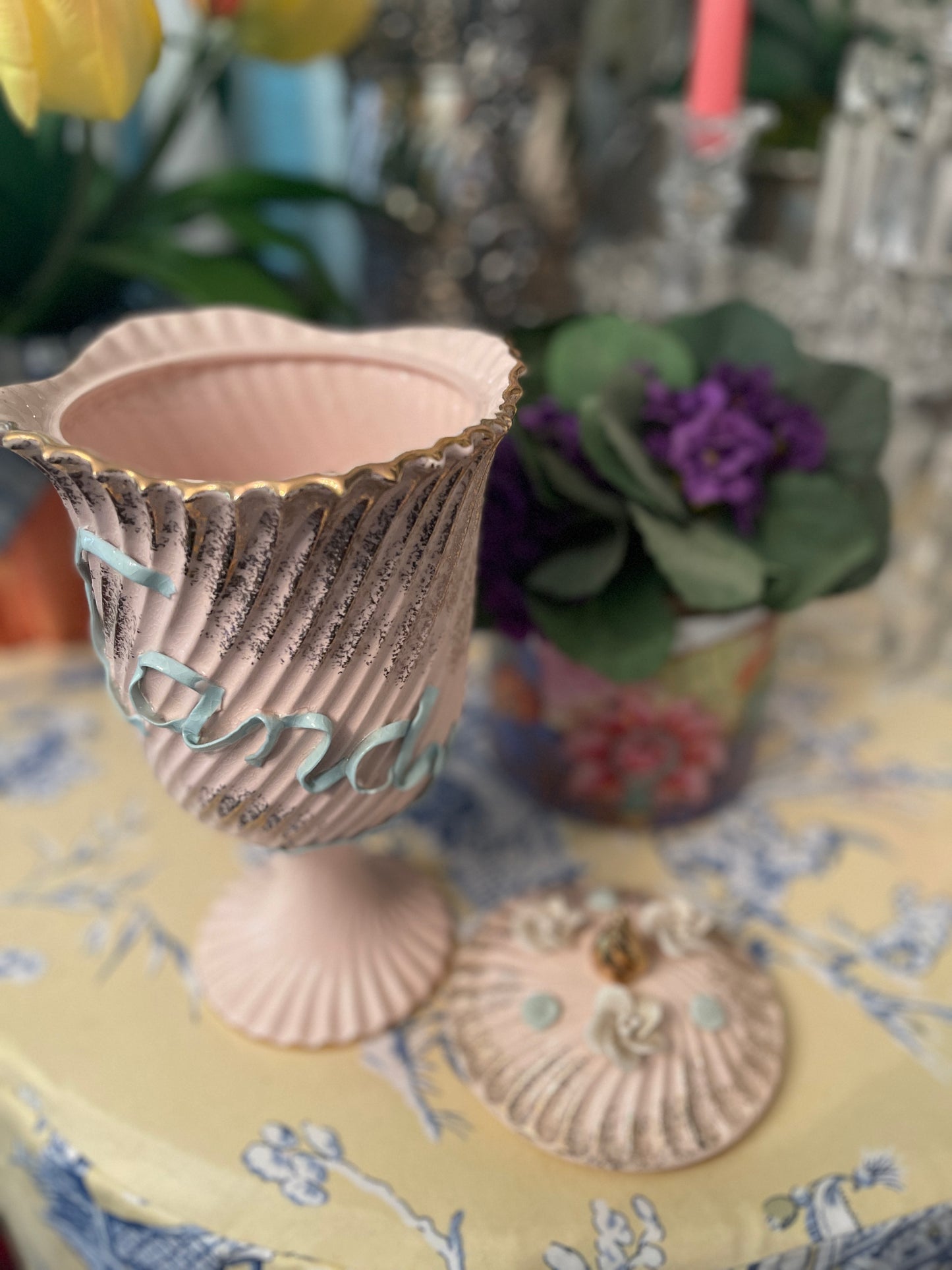 Wales Pedestal Lidded Pink Candy Dish with Applied Roses and Ribbon Lettering, Made in Japan