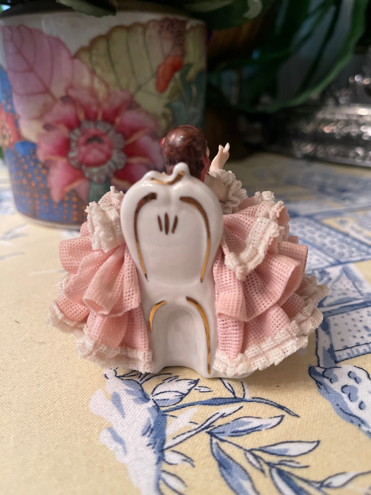 Dresden Figurine Dressed in Pink and White, Vintage Shelf Decor