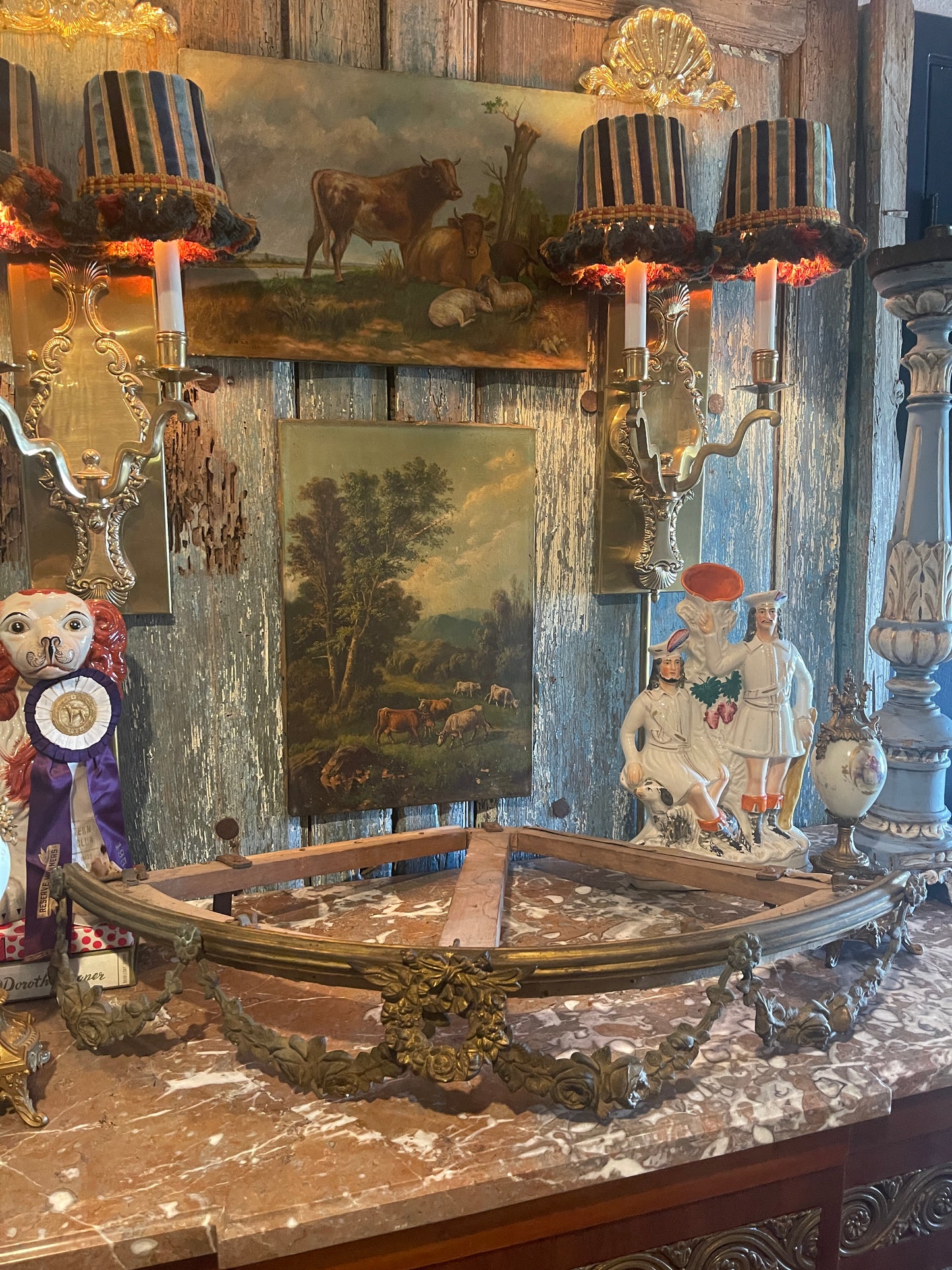 Antique French Bronze Crown Corner Mount with Floral Garland & Ribbon Detail – 19th Century Ormolu Architectural Salvage, Château-Style Decor Accent