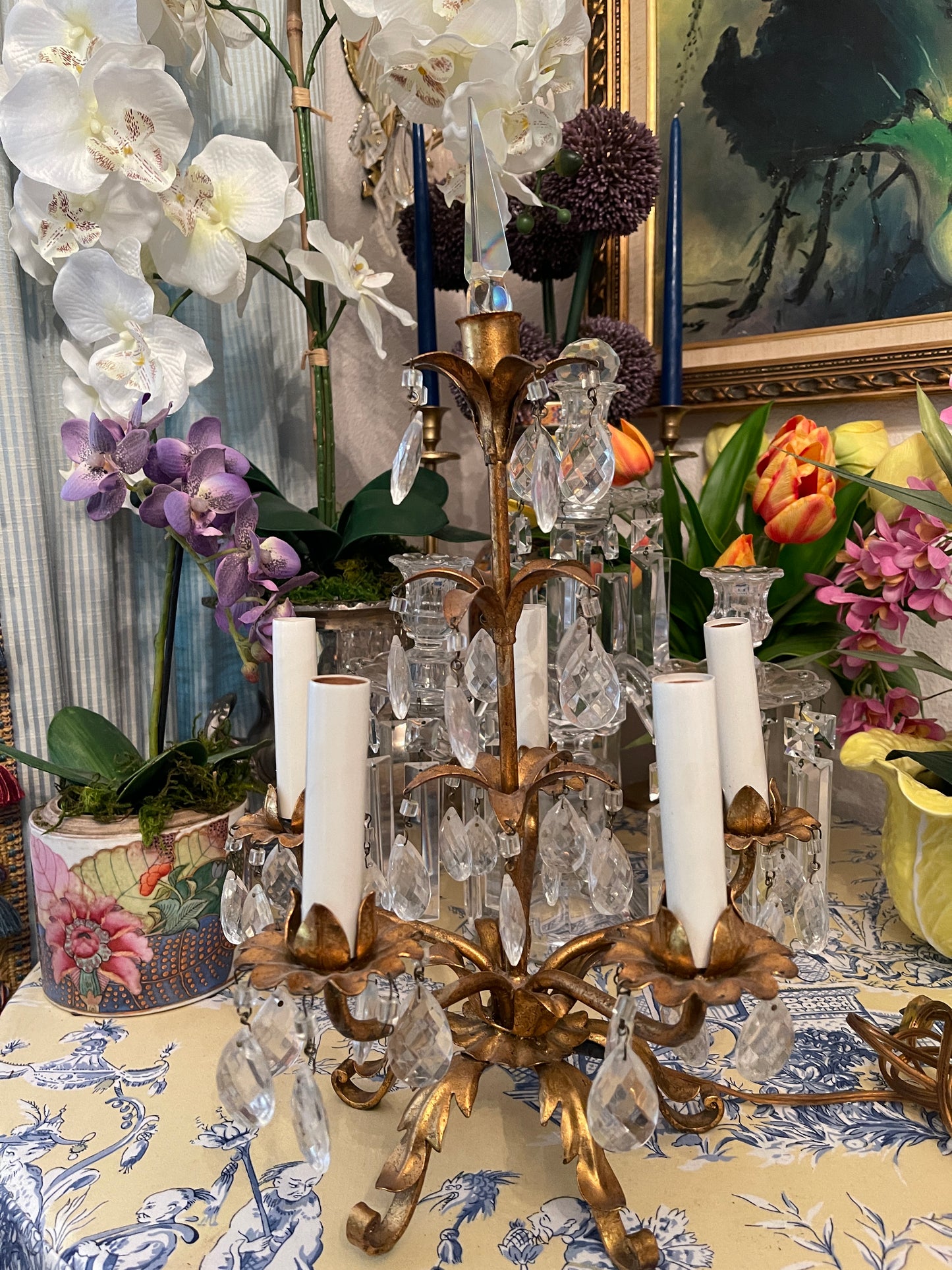 Italian Gilt Tole Table Lamp, Vintage, Five Light, vintage Gilt Lamp