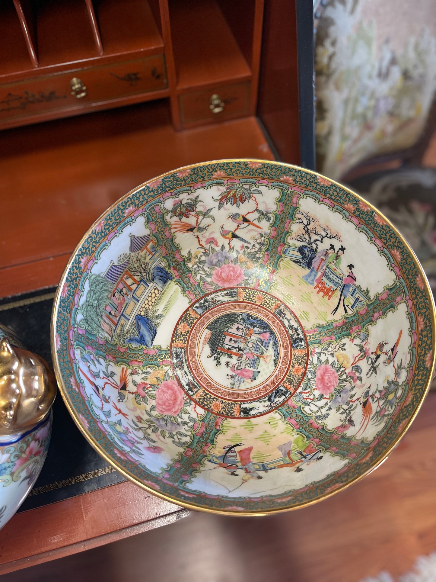 Large Famille Rose Punch Bowl, Greek Key Border