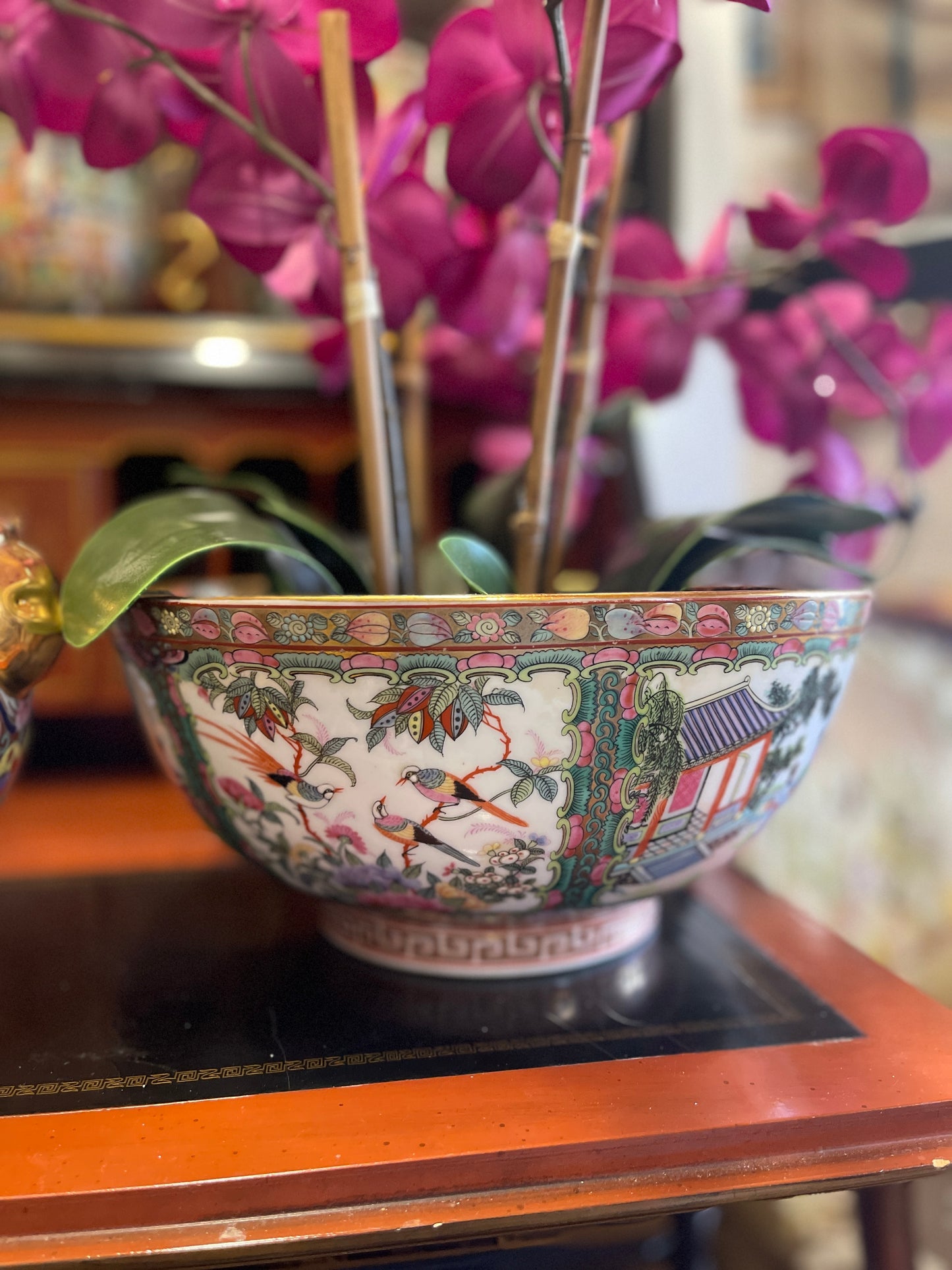 Large Famille Rose Punch Bowl, Greek Key Border