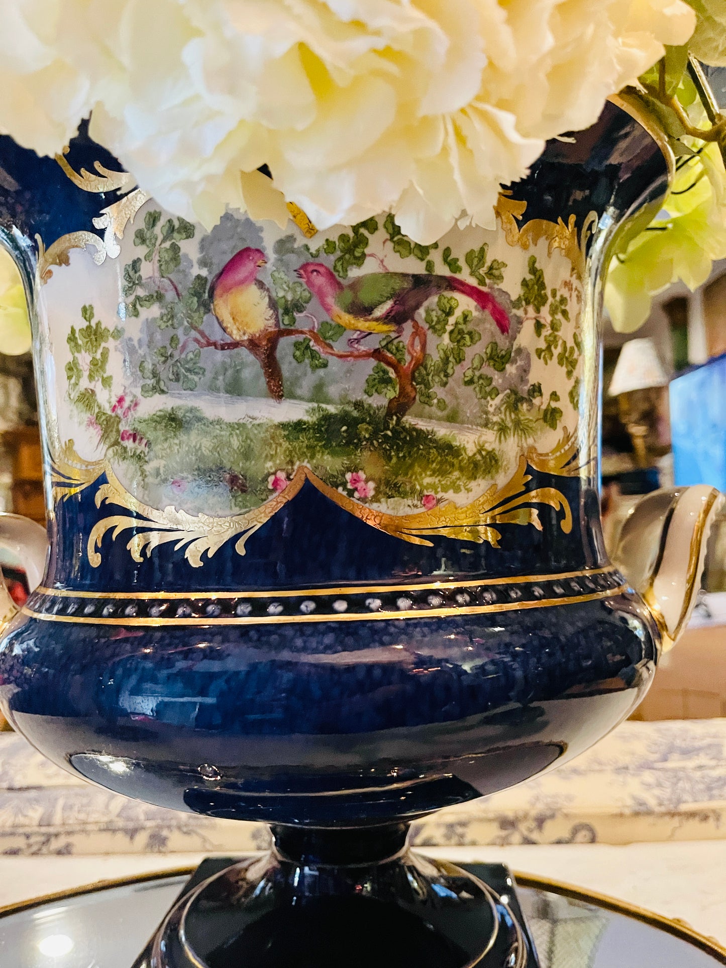 Large French-Style Cobalt Porcelain Urn Cachepot with Hand-Painted Birds