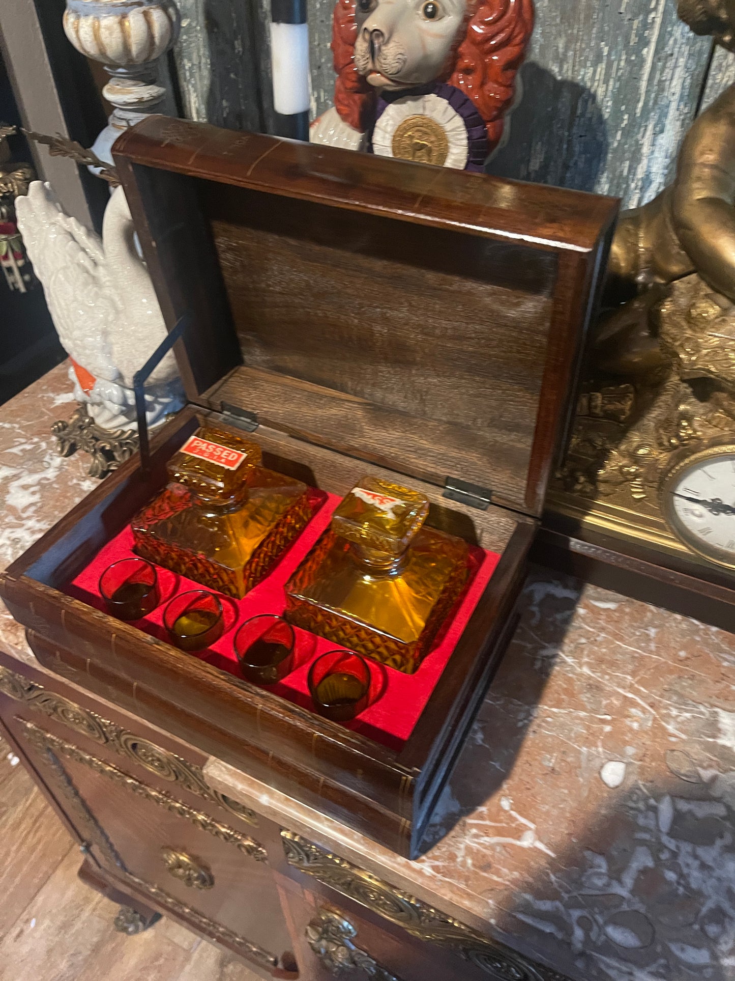 Vintage Japanese Wood “Book Stack” Box with Amber Glass Inset — Mid-Century Bar Set, Made in Japan